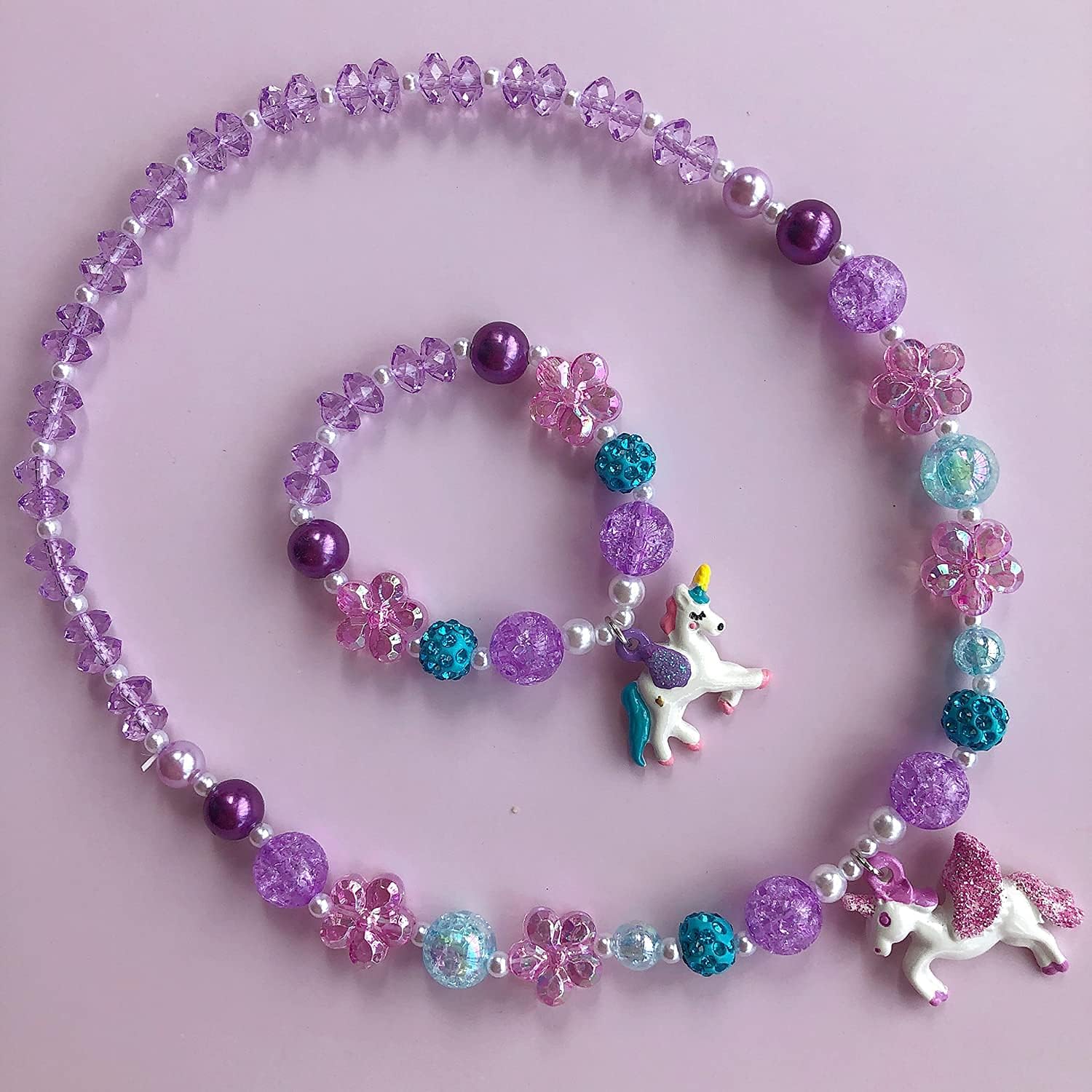 EleMirsa 4 Sets Girl Unicorn Necklace Bracelet Set Little Girl Princess Party Favor