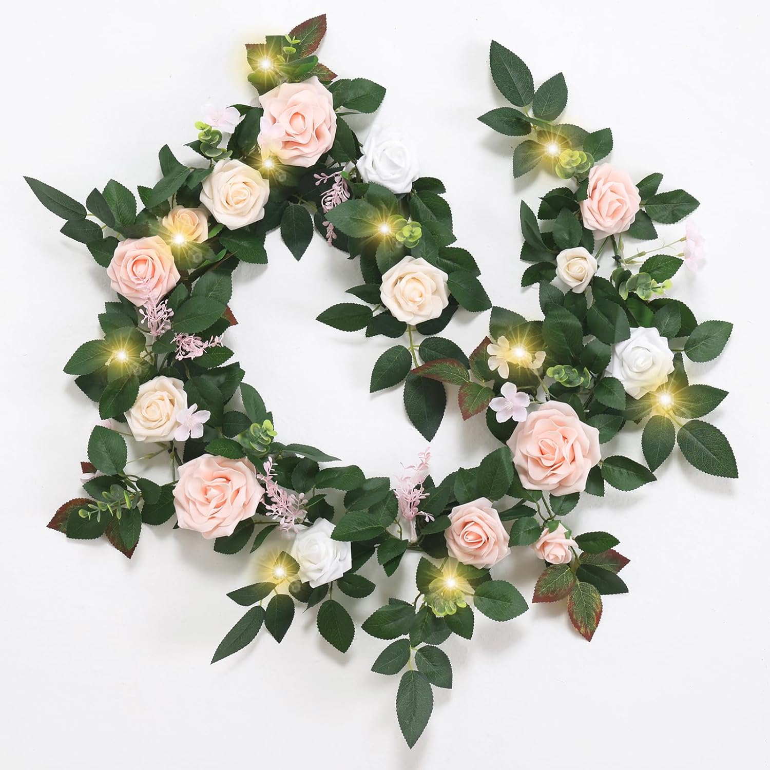 6 Ft Flower Garland with Lights, Artificial Eucalyptus Garland with Rose Flowers, MYXUANFA Flower Vine for Wedding Arch Table Centerpiece Room Decor Battery Operated