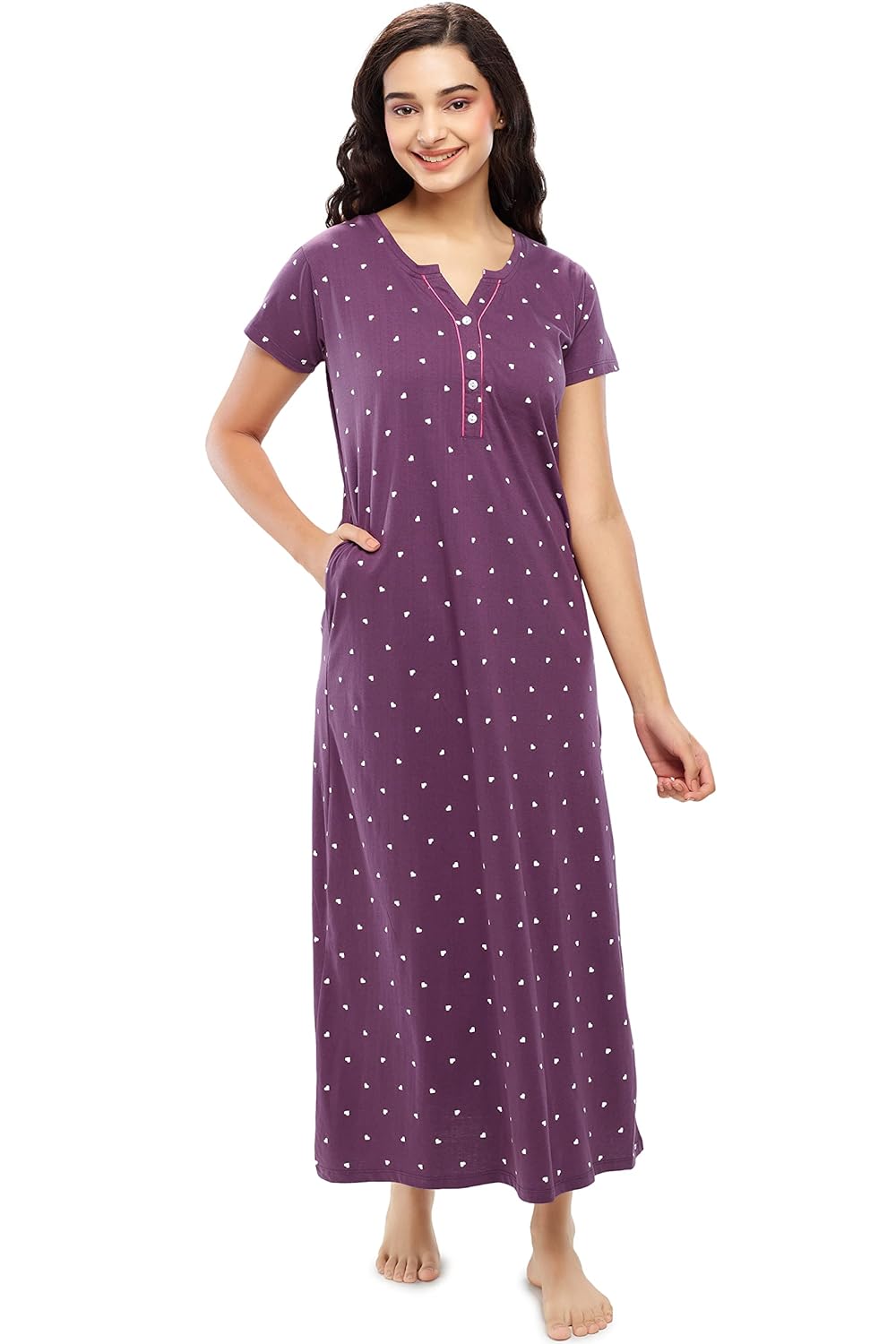 ZEYO Women’s Cotton Heart Print Long Nighty – Comfortable Sleepwear Nightdress 5627