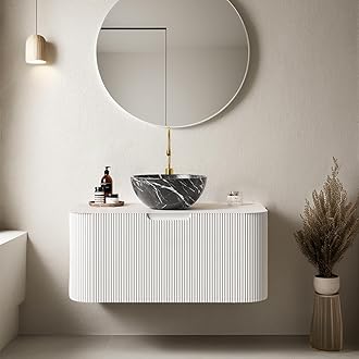 30" Floating Bathroom Vanity with Sink, Modern Bathroom Cabinet with Ultra-Thin Ceramic Basin and Marble Top, Extra Large Storage Drawer, Soft-Close Design, White with Black