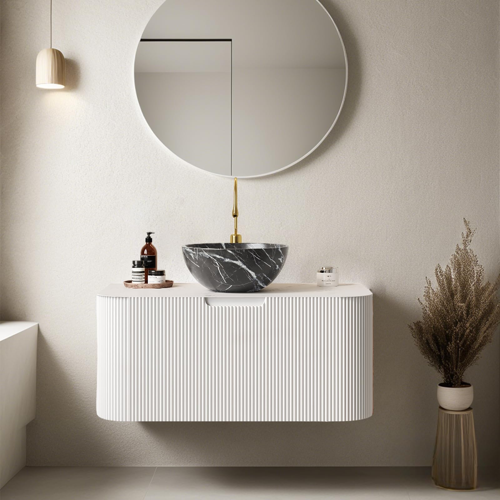 30" Floating Bathroom Vanity with Sink, Modern Bathroom Cabinet with Ultra-Thin Ceramic Basin and Marble Top, Extra Large Storage Drawer, Soft-Close Design, White with Black