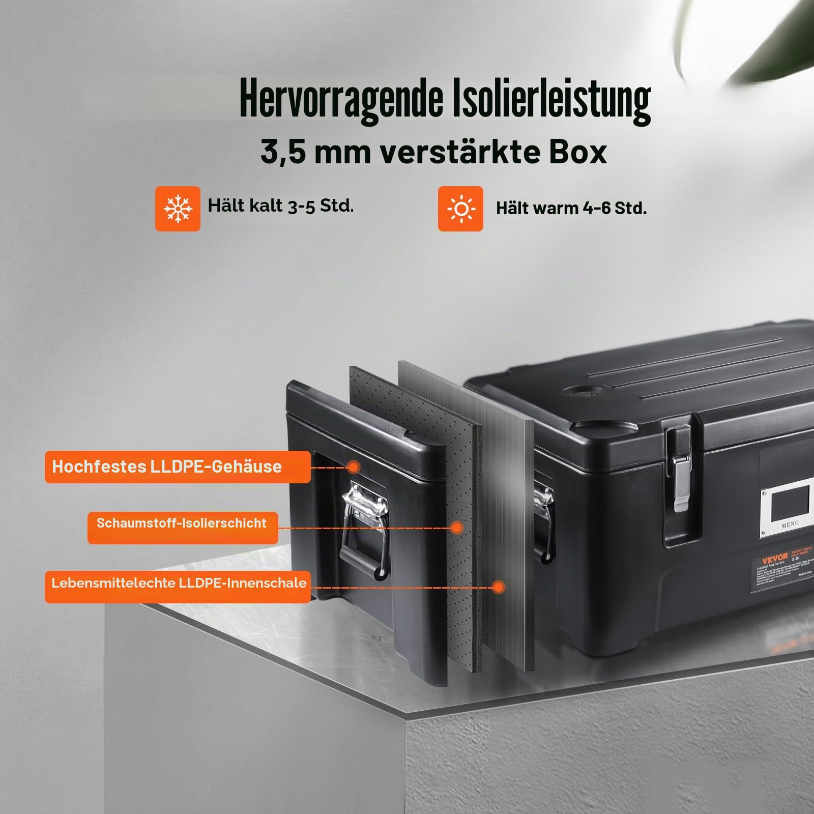 VEVOR Isolierter Thermobox Isolierbox Lebensmittelbehälterträger, 30 L für Catering, Tragbare LLDPE-Lebensmittelbehälterträger, Schwarz Frontlader-Speisewärmer für Restaurant, Kantine usw.