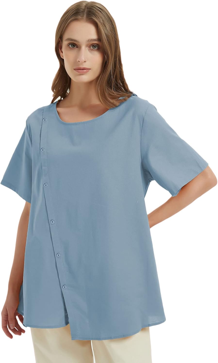 Minibee Women's Linen Blouse Tunic Short Sleeve Shirt Tops With Buttons Decoration - Image 2