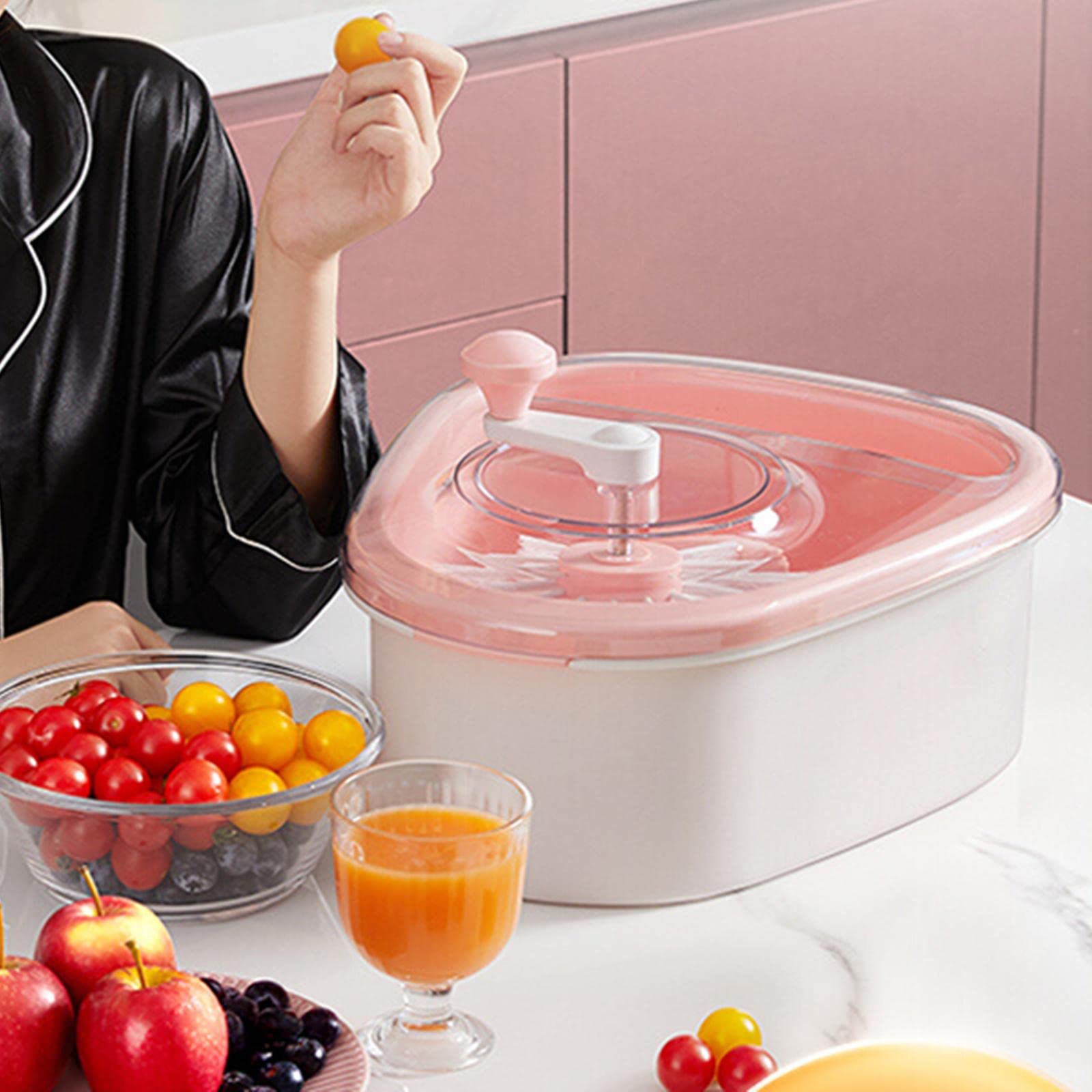 Obstwaschmaschine, Rotierende Gemüsewaschmaschine mit Abtropfkorb Und Transparentem Deckel, PP Material, Geeignet für Die Zubereitung von Speisen in D, Rosa