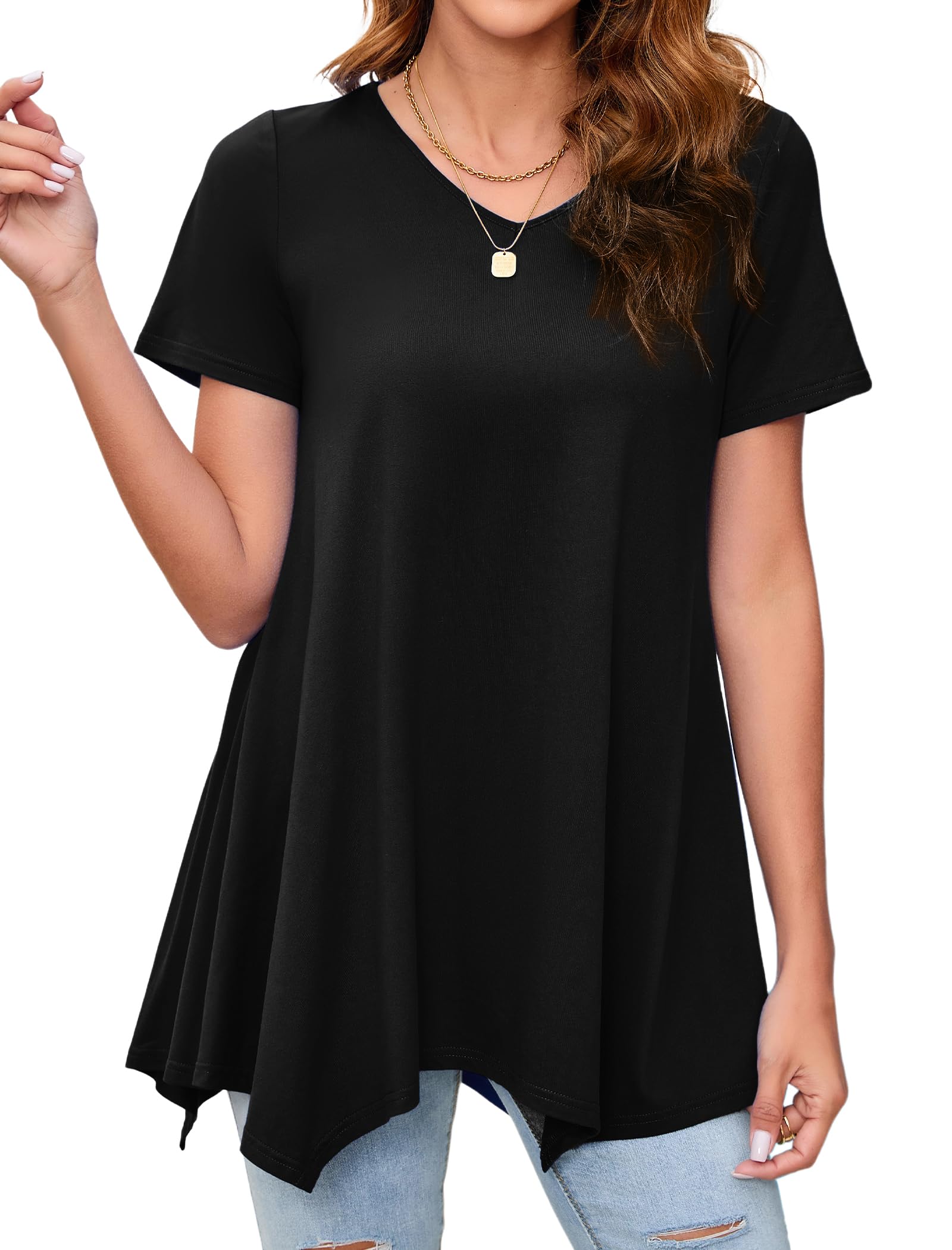 Enmain Dames Tuniek Tops Zomer Korte Mouwen V-hals Dames Tuniek voor Leggings Losse Pasvorm Longline Dressy T-Shirt Bloesjes Casual Swing, Haze Blauw, S