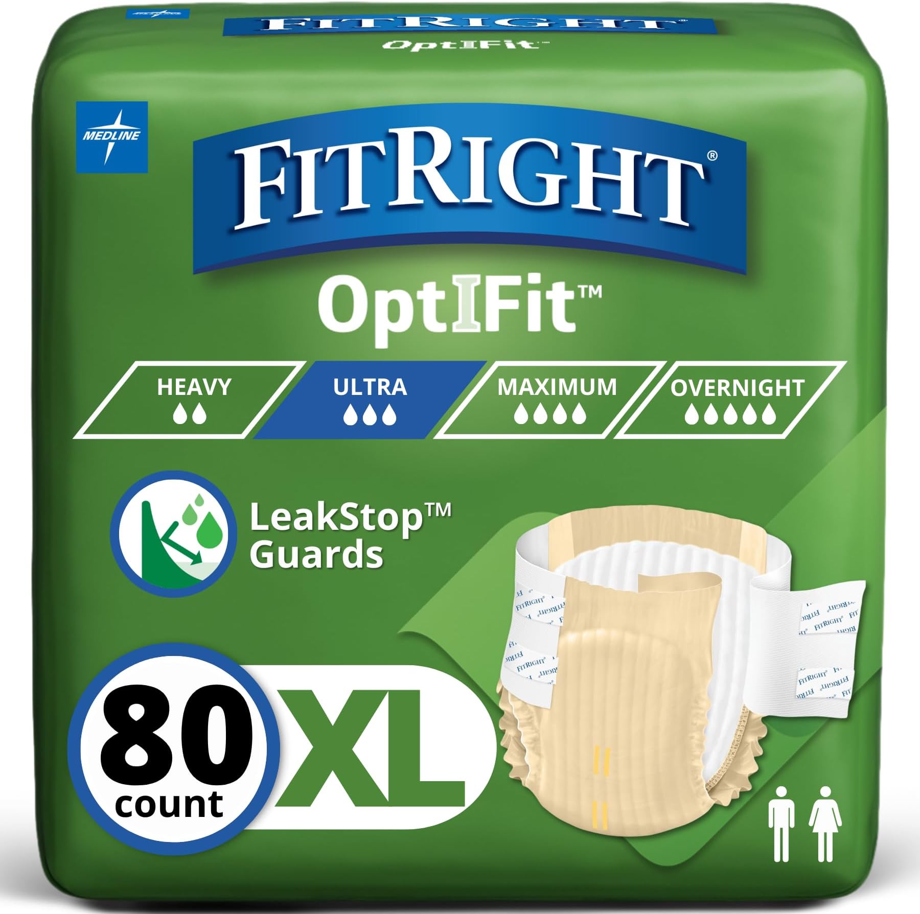 Ultra Heavy Absorbency Adult Diapers for Men & Women, Waist Size: X-Large 56-64 inches, OptiFit Incontinence Disposable Briefs with Leak Protection for Seniors, 80 Count