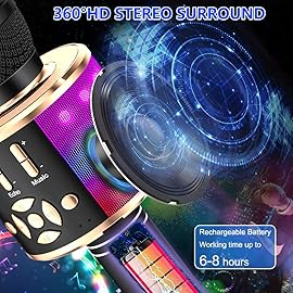 Amazmic Kids Karaoke Microphone Machine Toy Bluetooth Microphone Portable Wireless Karaoke Machine Handheld with LED Lights, Gift for Children Adults Birthday Party, Home KTV(Black Gold)
