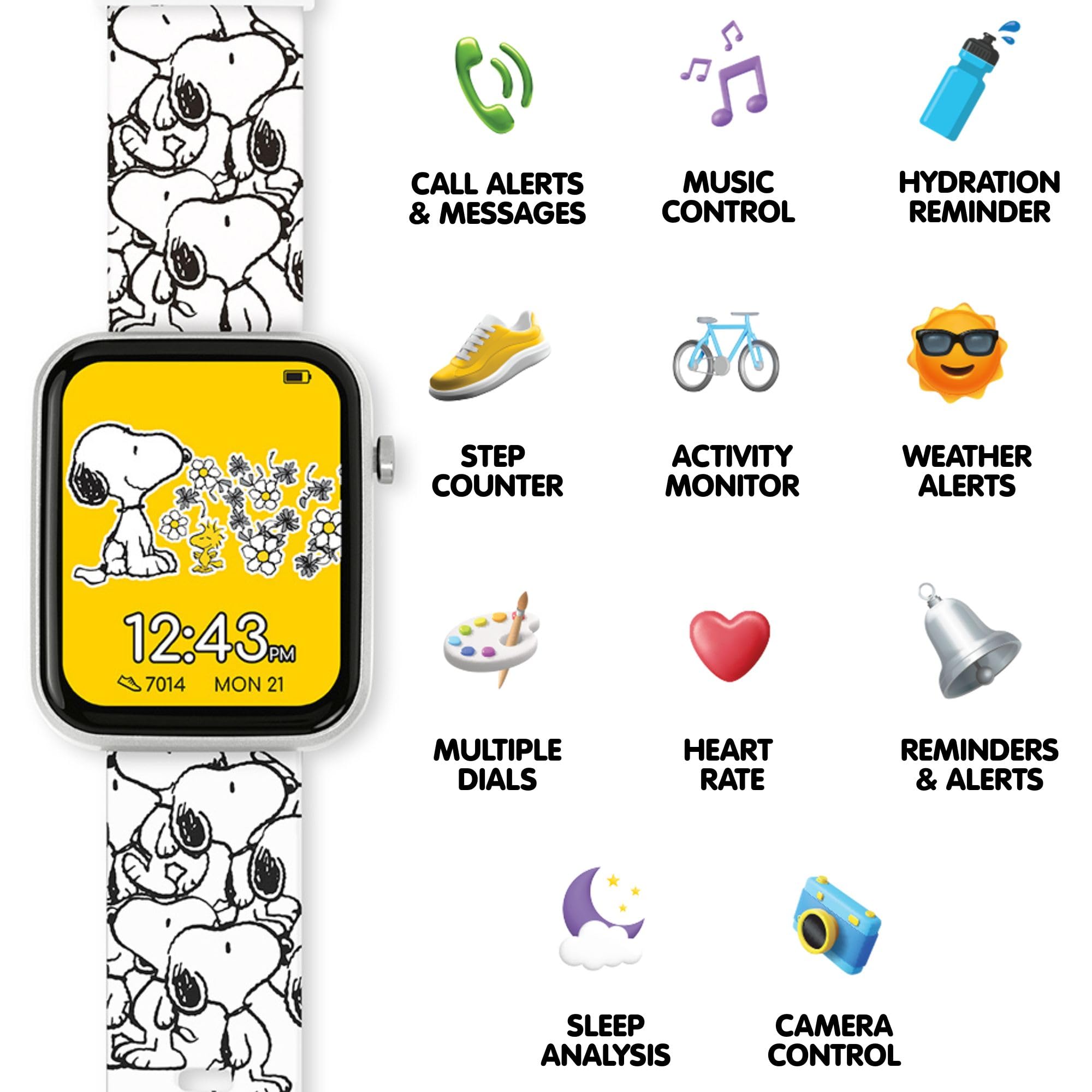 Accutime - Reloj inteligente interactivo Peanuts Snoopy para niños con correa impresa blanca