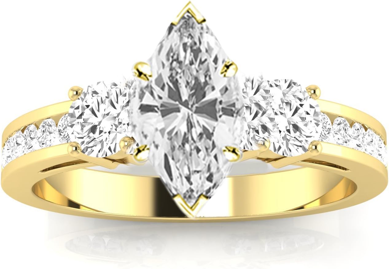 Houston Diamond District 1.5 Carat LAB GROWN DIAMOND Channel Set 3 Three Stone Marquise Cut Diamond Engagement Ring (G-H Color VS1-VS2 Clarity 0.75 Ct Center)