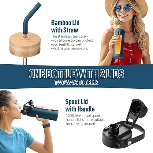 Miniatura 2 de Kodrine Botella de agua con popote, botella de agua de vidrio de 24 onzas con 2 tapas, tapa de popote de bambú y tapa de boquilla con asa, botella