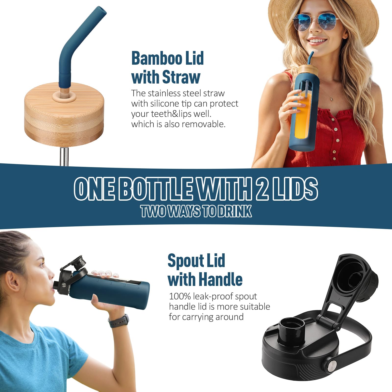 Kodrine Glas-Trinkflasche mit Strohhalm, Glas-Trinkflasche mit 2 Deckeln, Bambus- und Auslaufdeckel, auslaufsicher, für den täglichen Gebrauch, mit Zeitmarkierung für Zuhause, Outdoor-Sport, BPA-frei