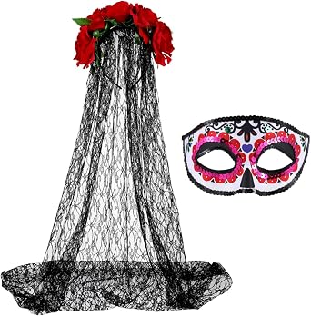 FRCOLOR Day of The Dead Costumes for Women Flower Headpiece Mask Set Headband with Black Veil Halloween Costumes for Party Cosplay Mask Masquerade