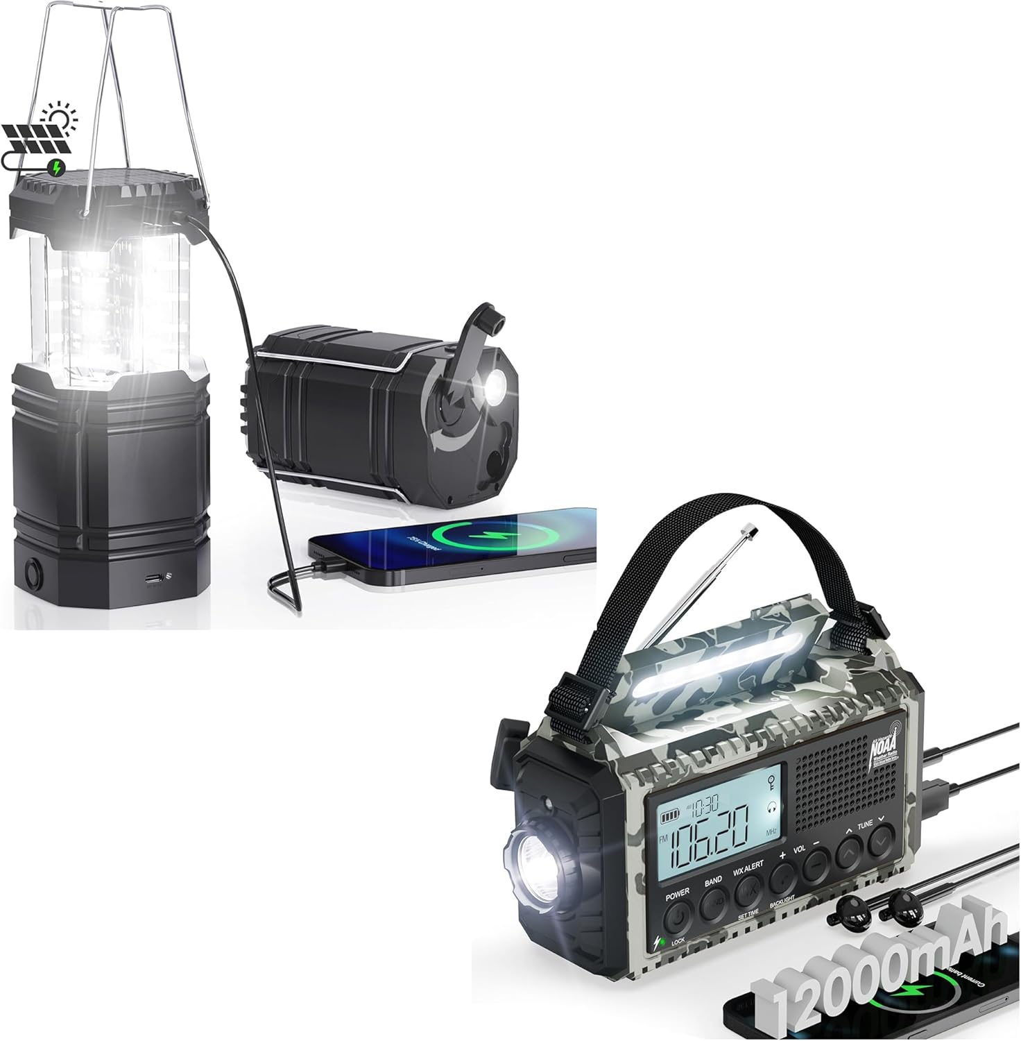Photo voltaic Hand Crank Emergency Lights- 3000mAh Tenting Lantern + 12000mAh Climate Radio with Flashlight