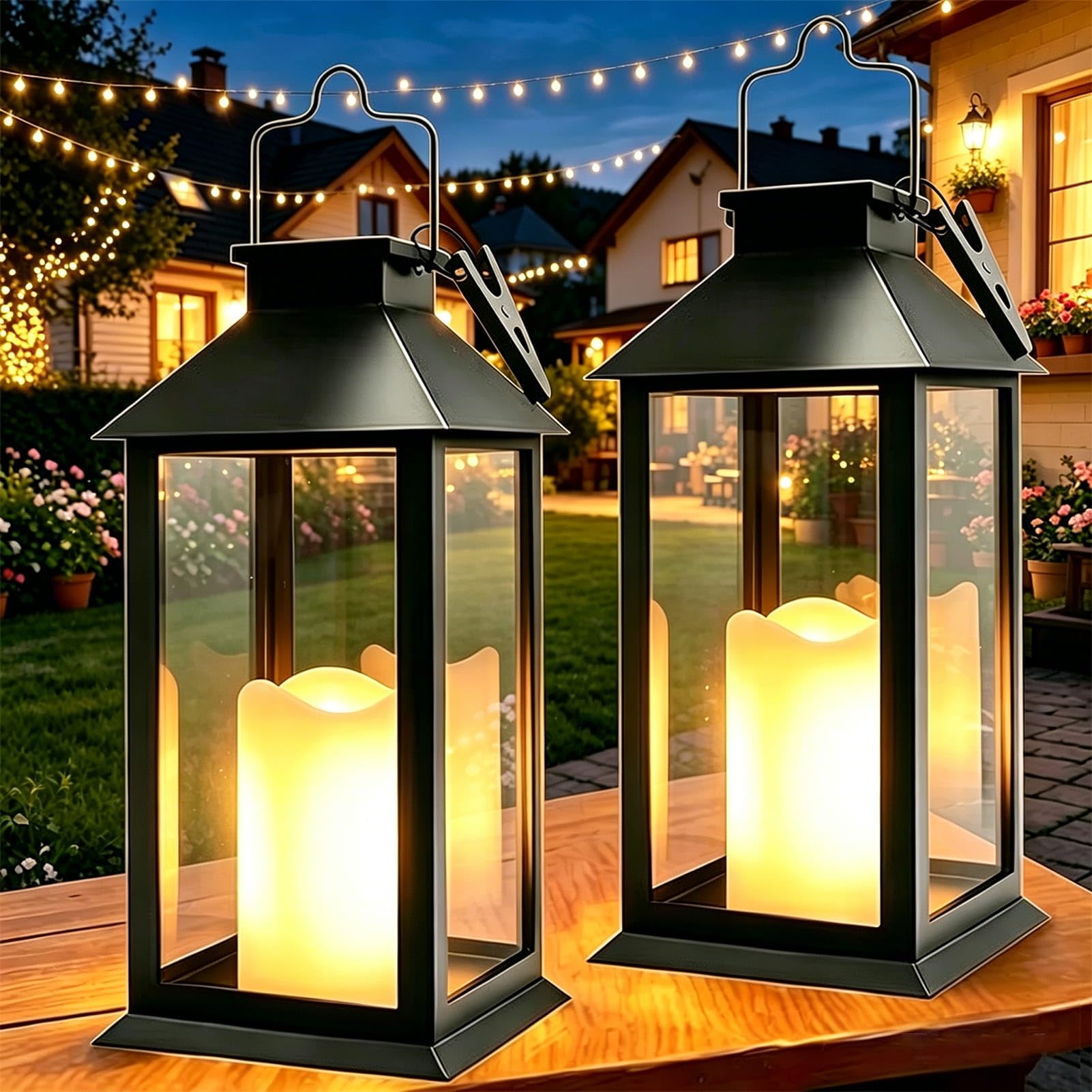 Lanterne da Esterno, 2 Pezzi Lanterna Solare da Esterno con Candele Tremolante, IP44 Impermeabile Appendere Lampade Solari per Giardino Terrazzo Tavolo Gazebo Balcone Decorazioni - Nero