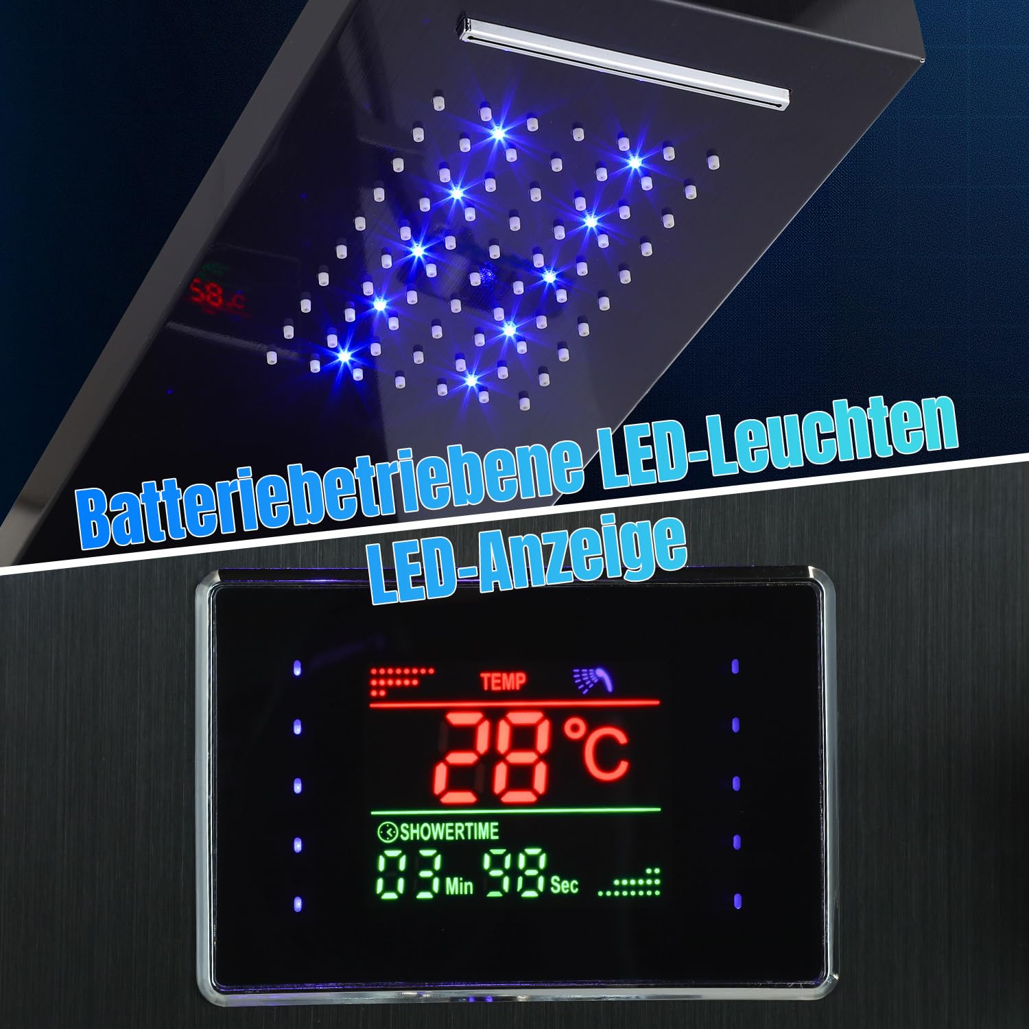 Panel de ducha, columna de ducha seis en uno, indicador de temperatura LED, sistema de panel de ducha de acero inoxidable con grifo, ducha de lluvia, ducha de cascada, ducha de masaje, ducha