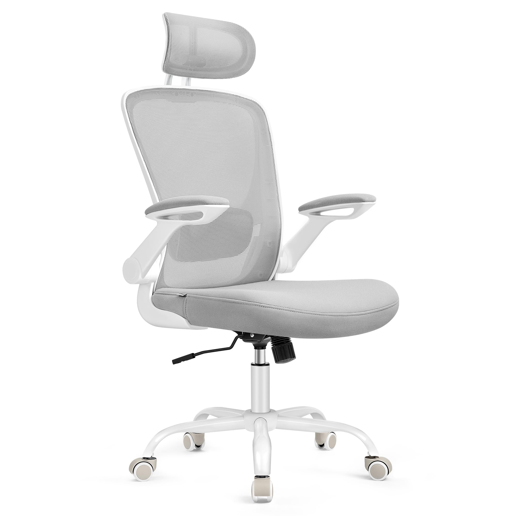 SONGMICS Silla de Oficina, Silla de Escritorio de Malla, Silla Giratoria Ergonómica, Soporte Lumbar, Oscilante, Asiento de 53 cm, Apoyabrazos Abatibles, Reposacabezas, Gris Paloma OBN047G01