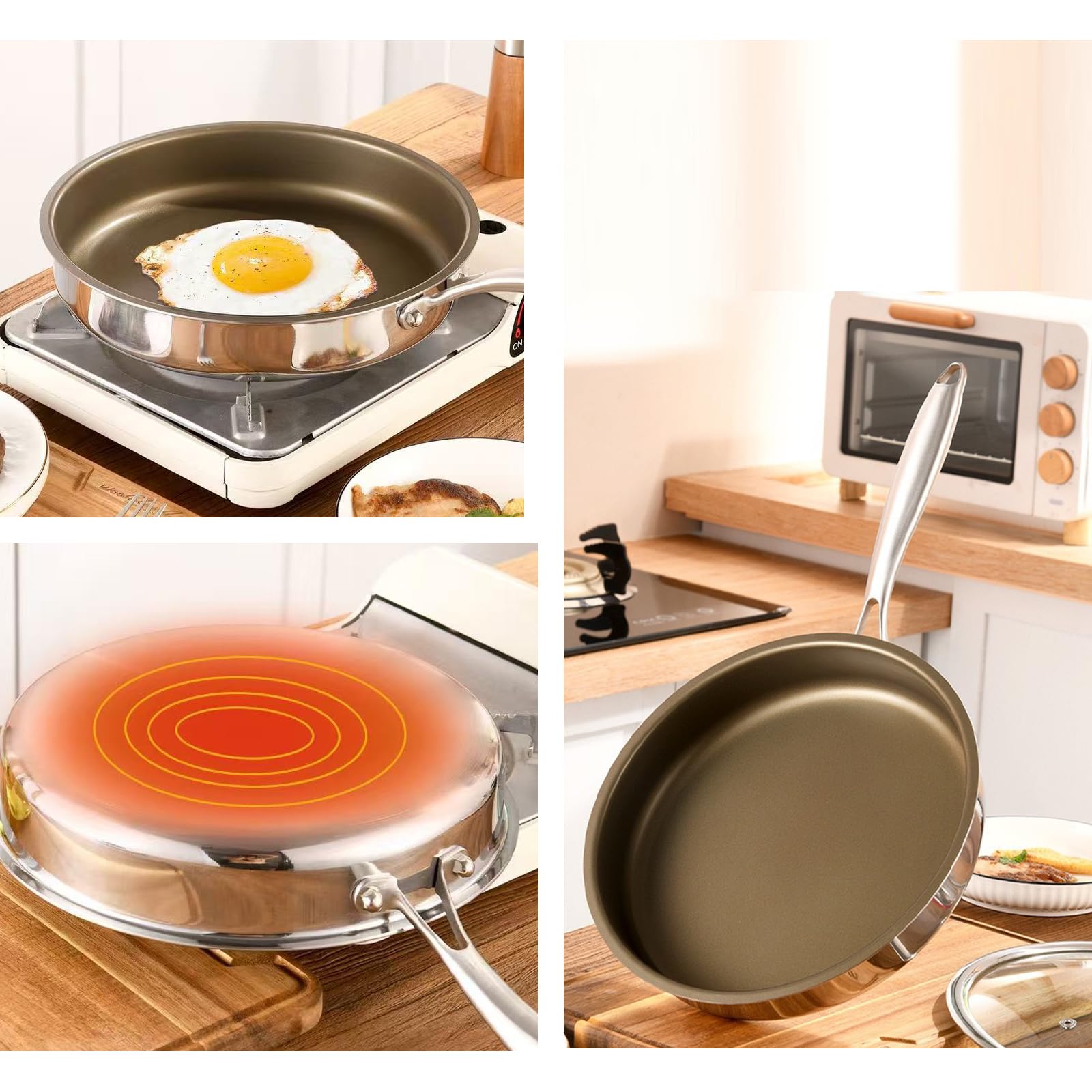 SartéN Acero Inoxidable Wok Multiusos Wok Grande Acero Inoxidable Apto Lavavajillas Wok Antiadherente con Tapa Wok InduccióN para Cocinar Familia Acampadas,30cm