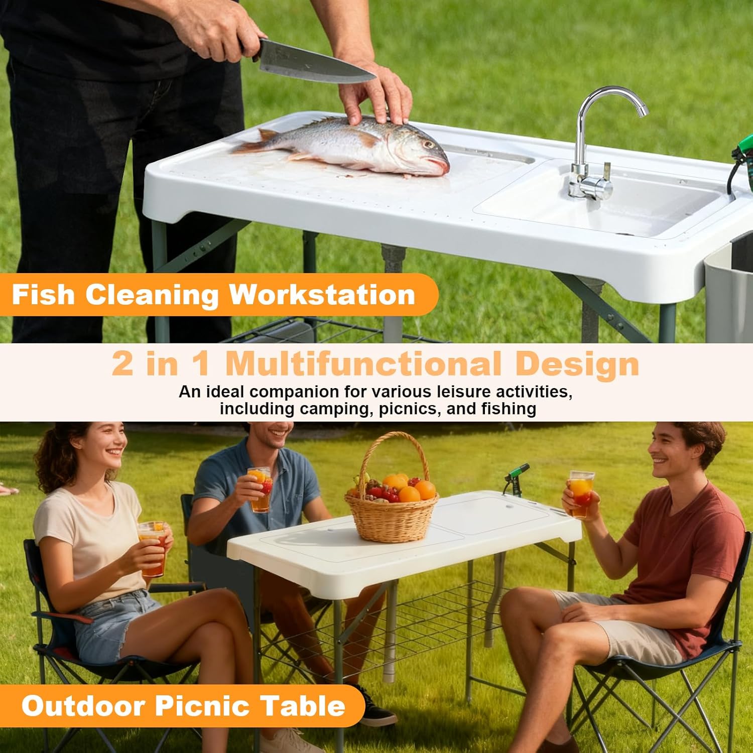 Fish Cleaning Table with 2 Sinks & Grid Rack - 42.5” Outdoor Fish Fillet Cleaning Station for Camping, Patio, Kitchen, RV & Beach
