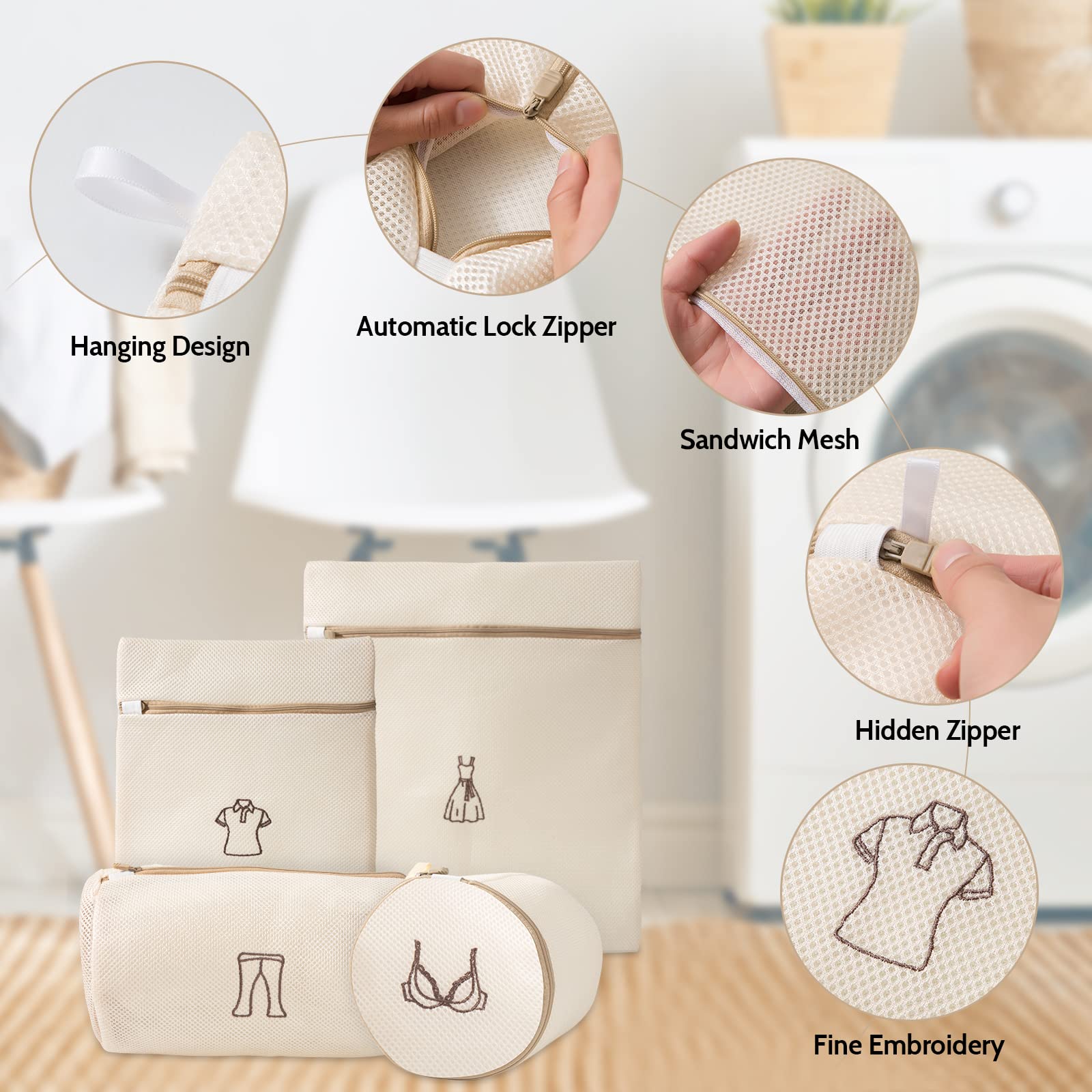 4 Sacchetti Lavaggio Rete Ispessiti Per Lavatrice - Set Con Borse Per Reggiseno, Biancheria Delicata, Abiti - Cerniera Sicura, Beige - 2
