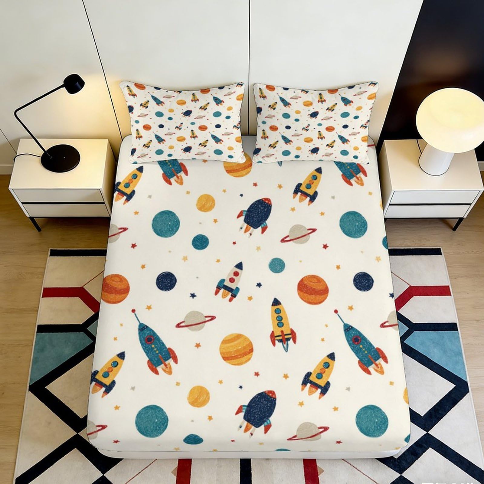 Pnayamiorkfel Style-2 3D Printed Rocket Planet Fitted Sheet Microfiber Soft Anti-Slip Space Universe Mattress Cover For Bedroom Guest Room Decor 90X200x25cm