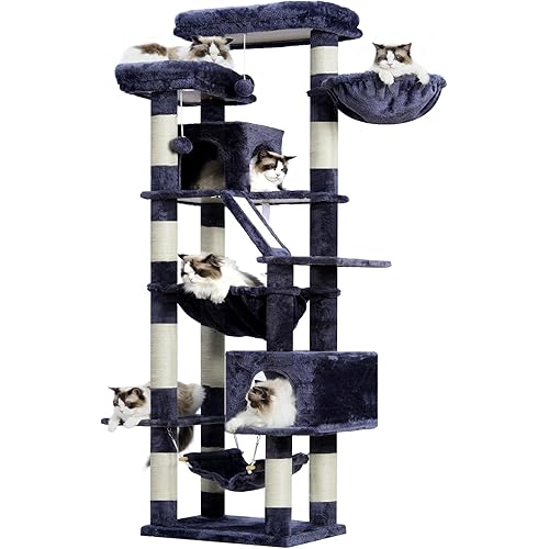 Heybly Cat Tree，71-Inch Tall Tower for Indoor Cats with 2 Perches, 2 Big Condos, 2 Hammocks, Basket, Scratching Pad，Large Cat Furniture and Condo, Smoky Gray HCT034G
