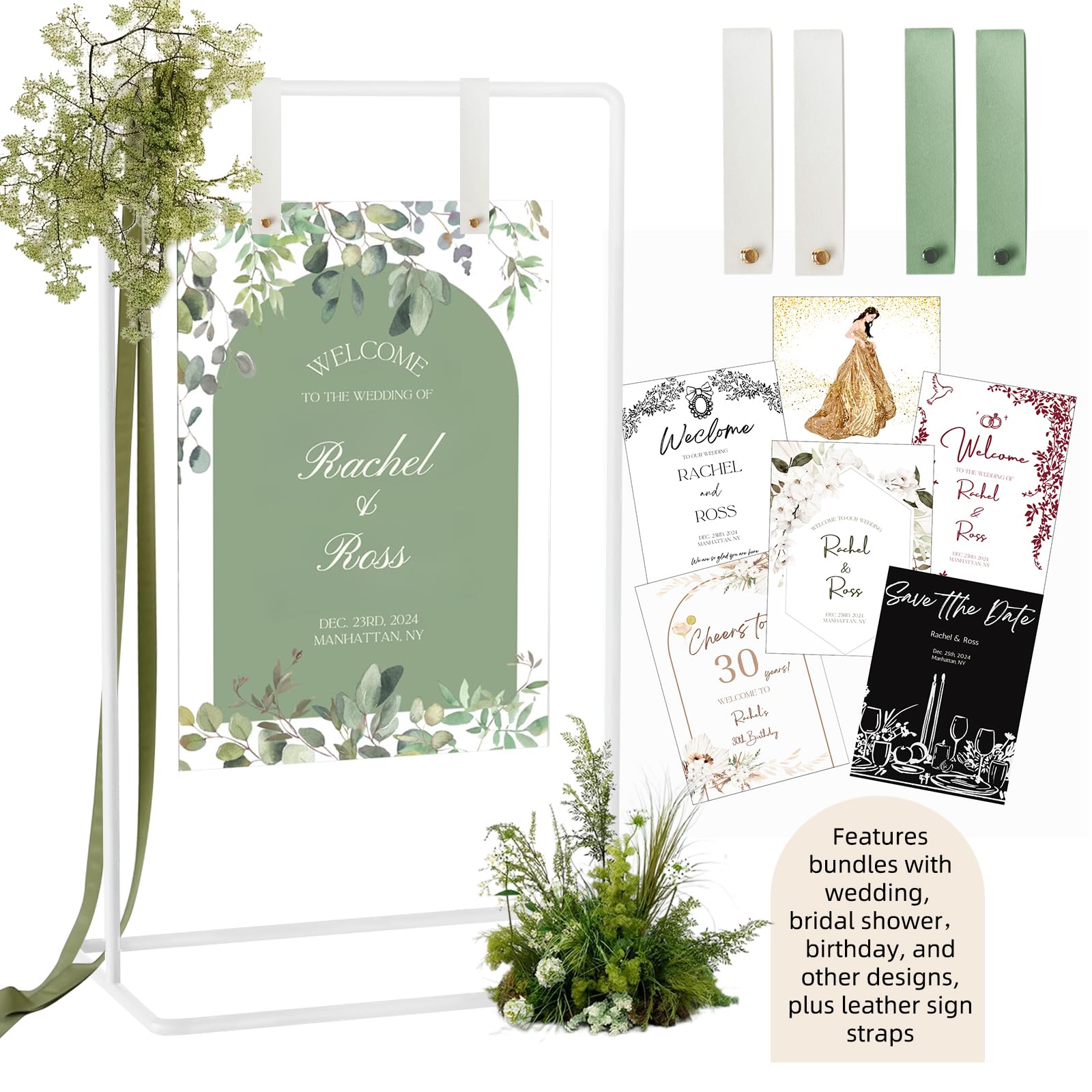 Wedding Sign Holder, Adjustable Welcome to Our Wedding Sign Stand W/Design Bundle & Leather Sign Hanging Straps, Heavy Duty Easel Stand for Sign, Wedding Seating Chart Stand, Easel for Display (White)