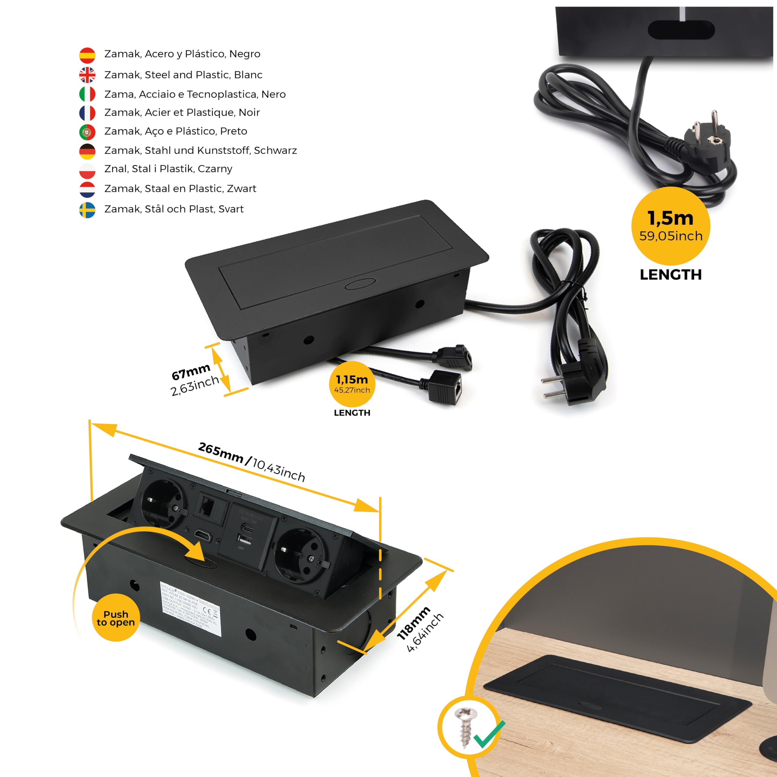 Emuca - Regletas Enchufe, Regleta multienchufe retráctil para empotrar en la Mesa, Base de enchufes multiconector (Enchufe EU Tipo F, USB A+C, RJ45 y HDMI), 265x120mm, Negro