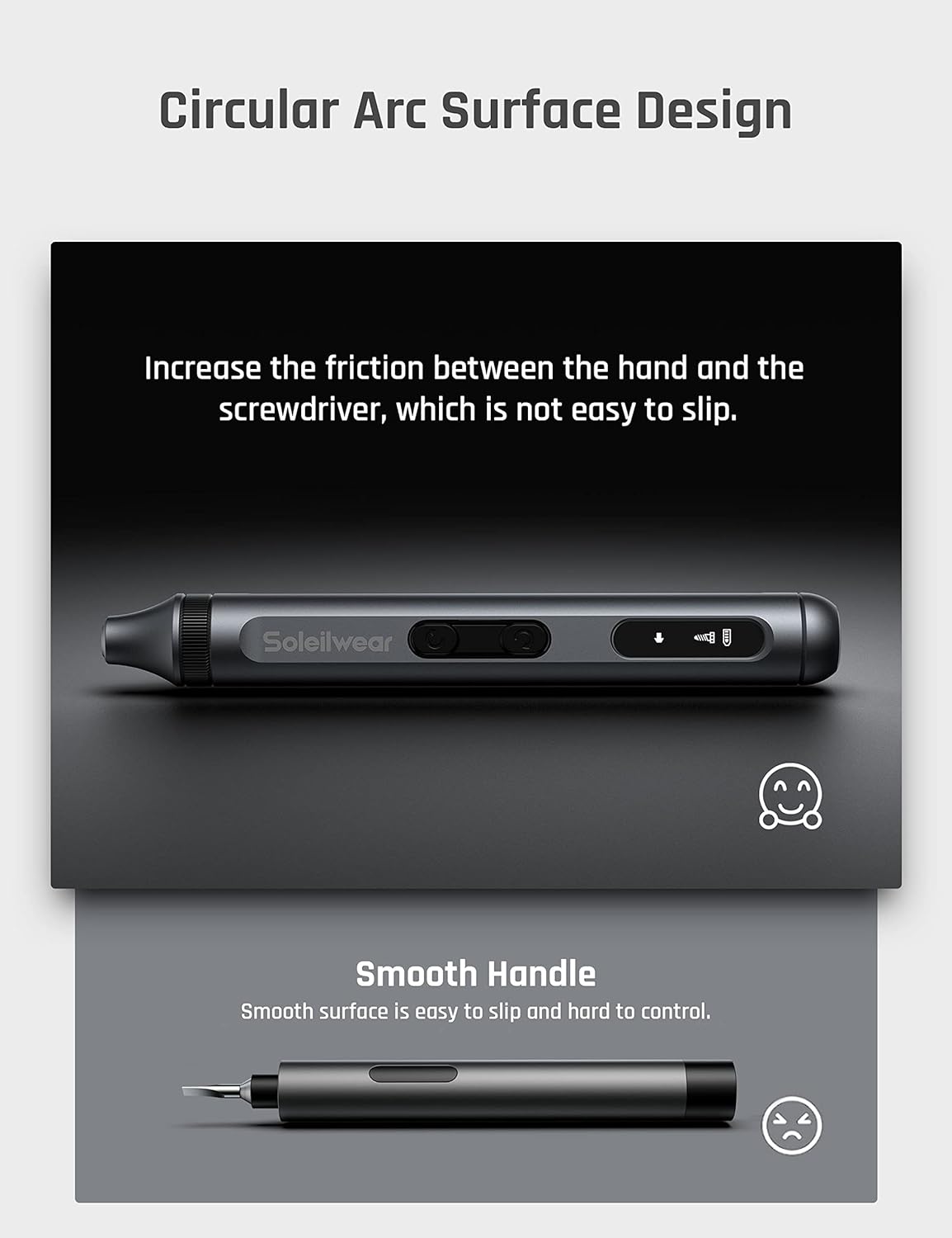 Close-up of the Soleilwear electric screwdriver handle, highlighting its ergonomic circular arc surface design.