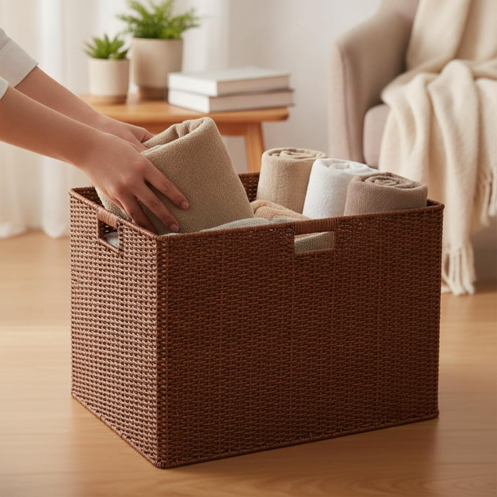 Cesta Ratán Sintético sin Montaje Cesto Almacenaje con BOR Reforzado Resistente para Dormitorio, Mudanzas, Café Claro, 53x38x31cm