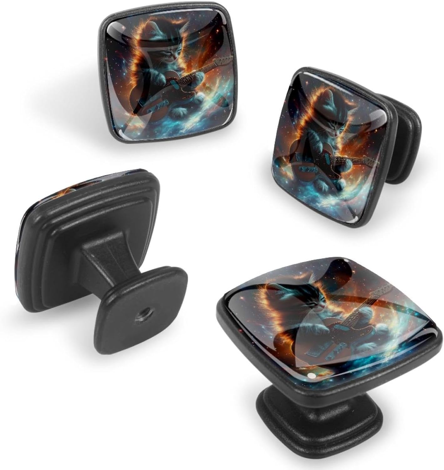 4 Pack 30mm Square Kitchen Cabinet Knobs Drawer Dresser Pulls, Galaxy Cute Kitten Guitar Door Handles