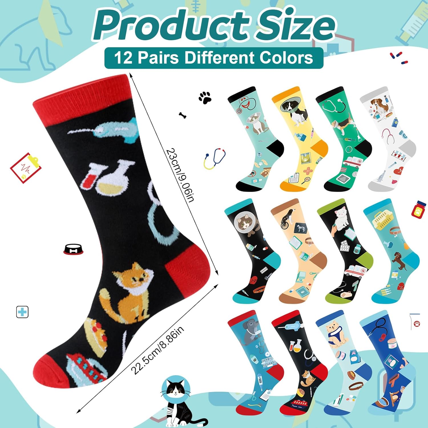 Glitopper 6/12 Pairs Vet Tech Crew Socks for Adult Veterinarian Technician Appreciation Gifts Veterinary Tech Graduation Gift