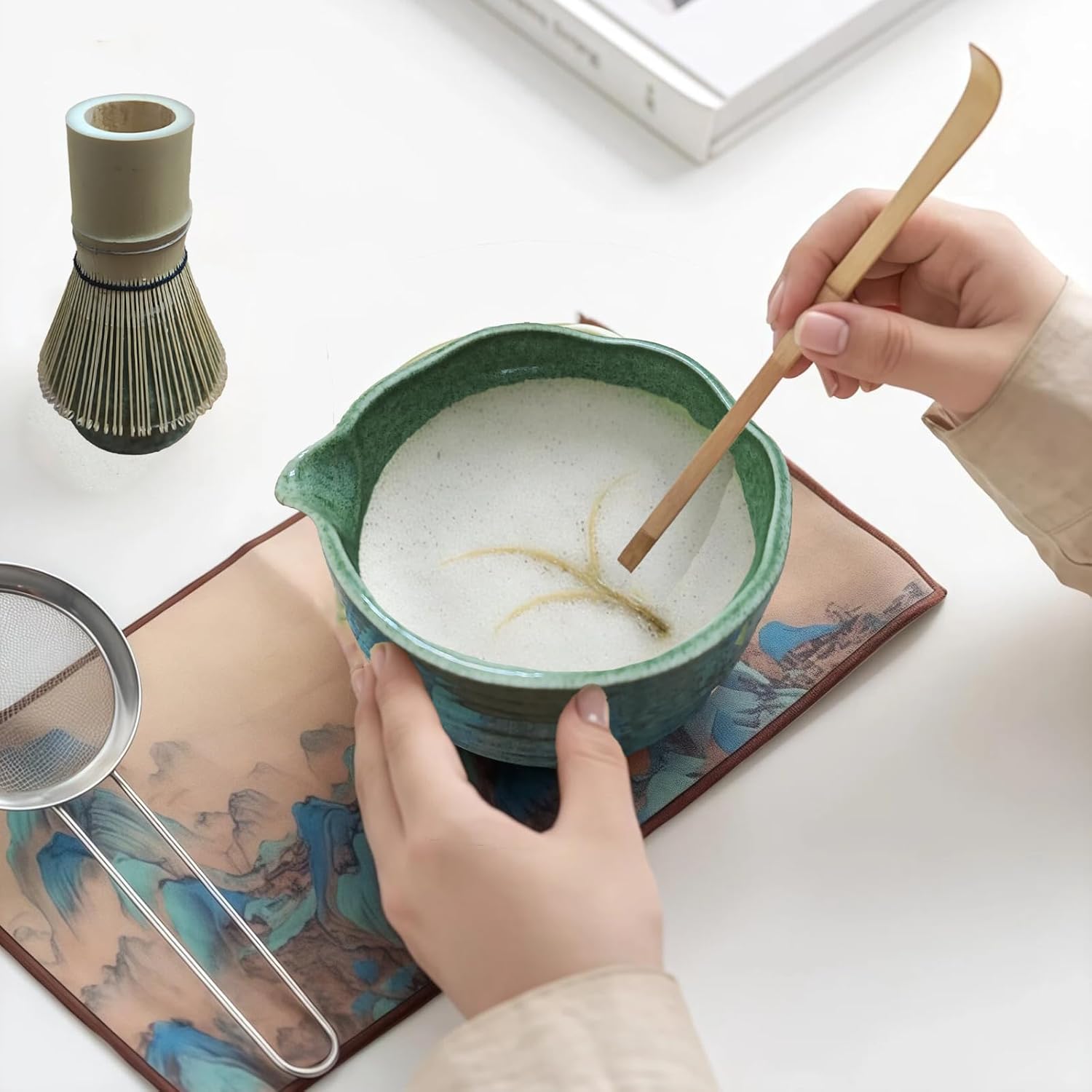 Matcha Whisk Set Kit- Complete 8-Piece Ceramic Matcha Bowl with Spout, Whisk, Scoop, Sifter, Holder & Towel, Elegant Matcha Making Kit for Beginners & Lovers, Ideal Gift