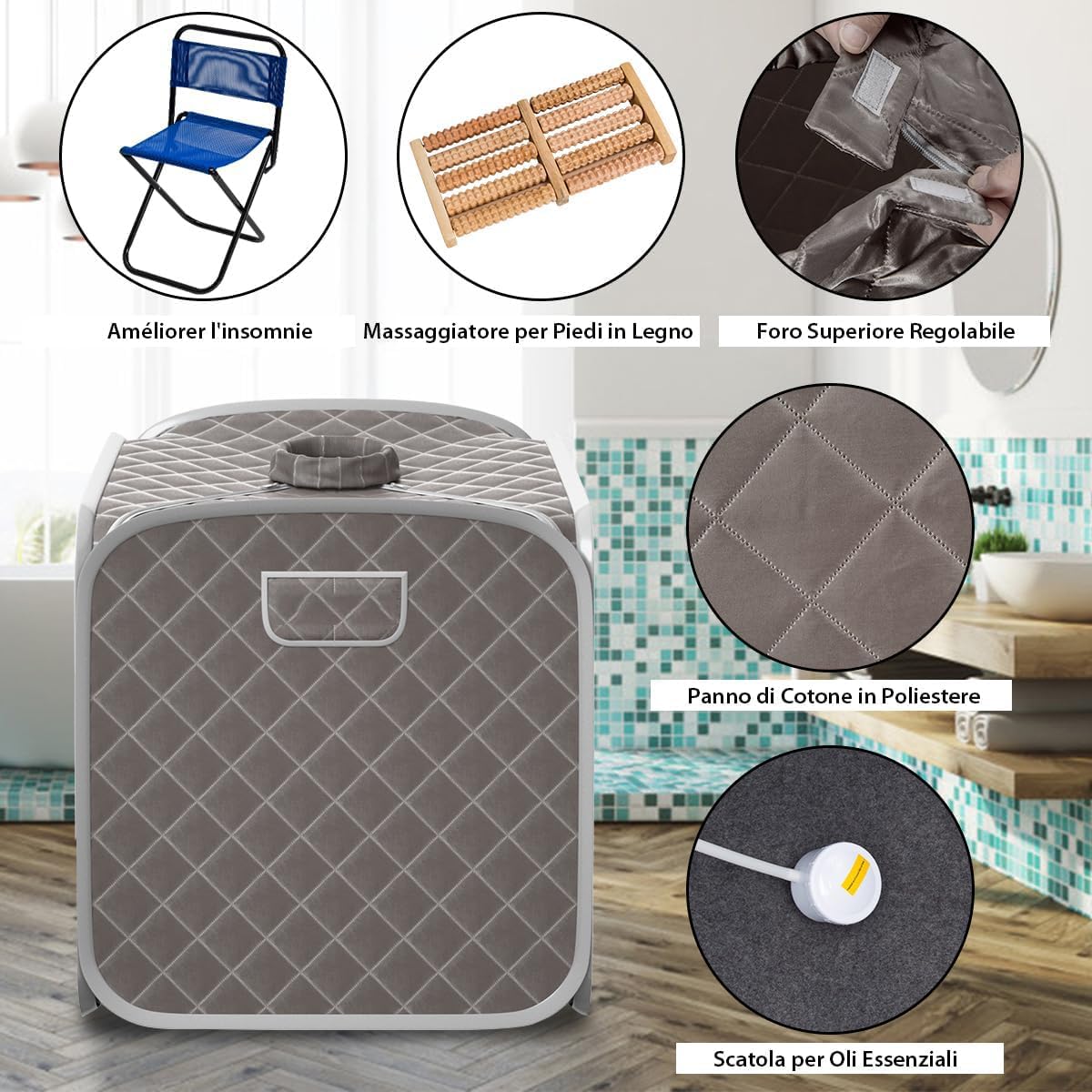 RELAX4LIFE Sauna a Vapor Portátil 2 L, Cabina Doméstica para SPA, 9 Temperaturas Ajustables, 0-99 Minutos, Mando a Distancia y Silla, 1000 W (Gris)