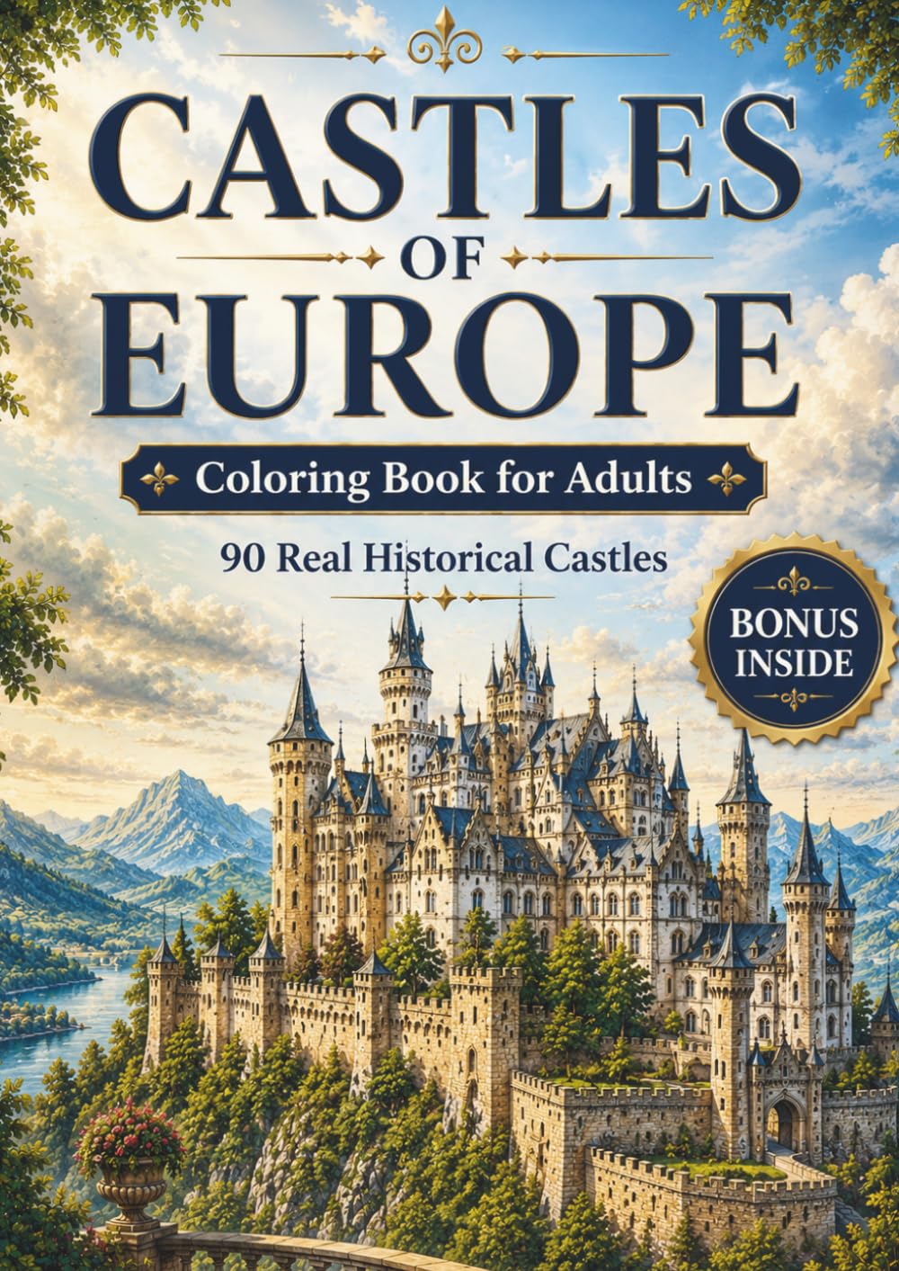 Castles of Europe: Coloring Book for Adults: 90 Real Historical Castles, Palaces, Landmarks, and Relaxing Architecture Designs
