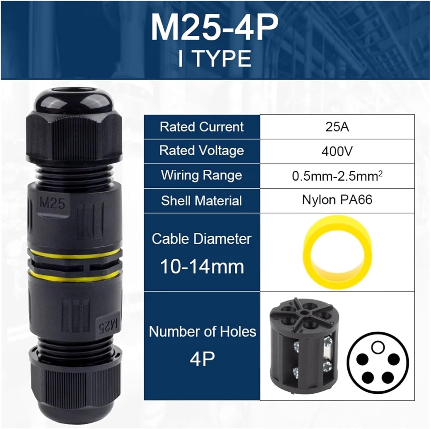 IP68-M25 Waterproof Connector Wire Cable Conductor 2/3/4/5 Core No Welding I Shape Screw Terminal Adapter Outdoor(M25-4P(10-14mm))