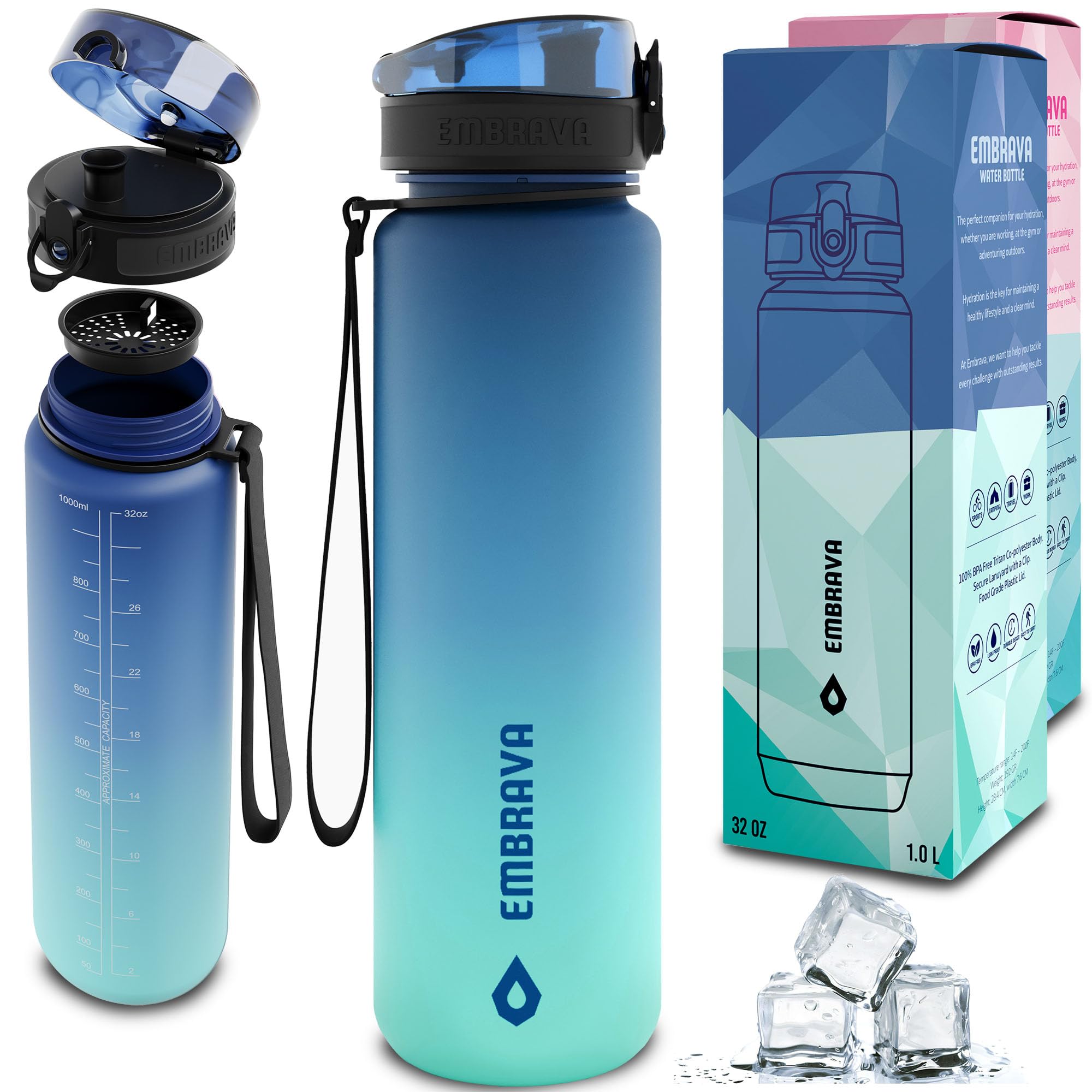 Embrava Sports Water Bottle - 32oz Large - Fast Flow Quick Sip Lid - BPA BPS Free -