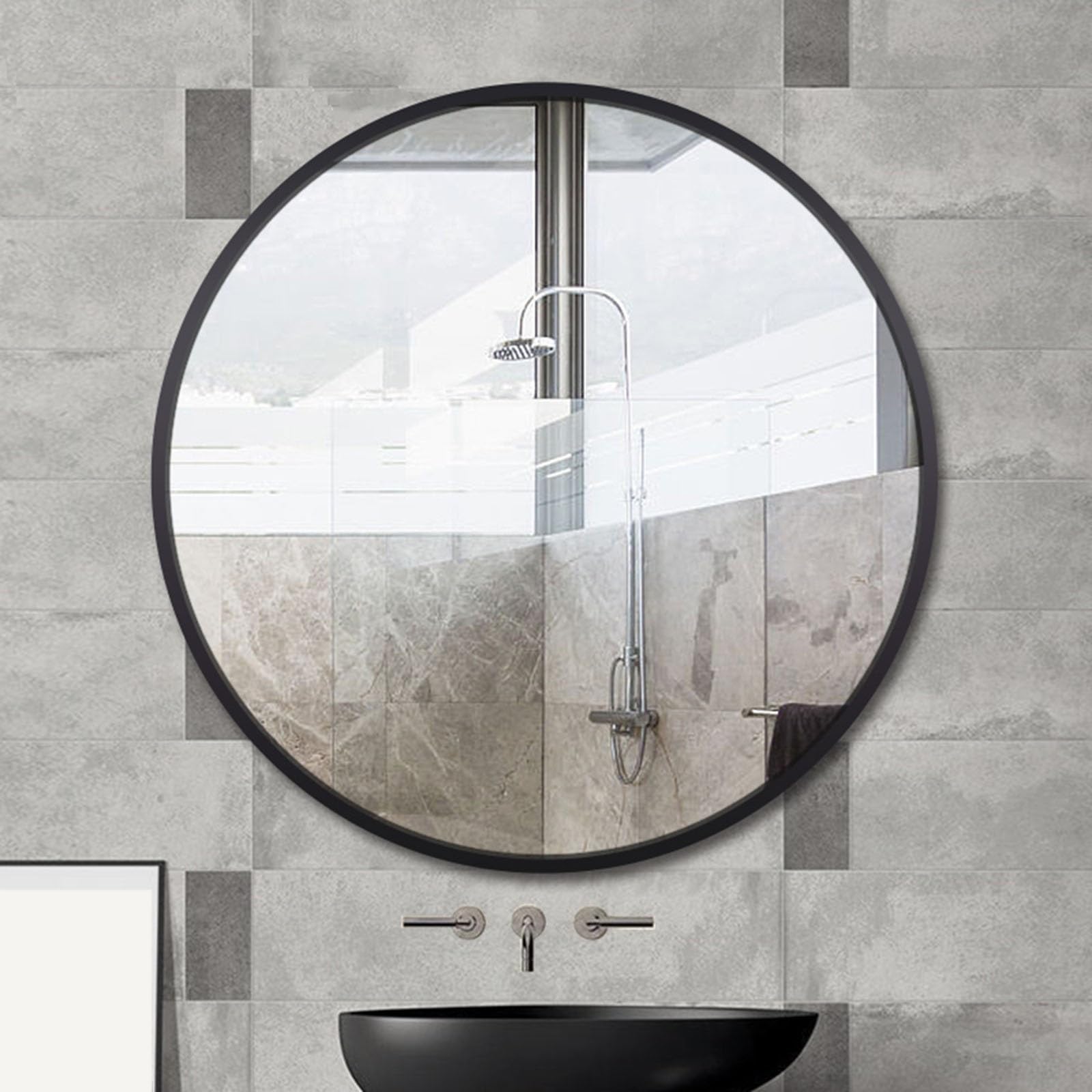 Specchio da Trucco Rotondo per Il Bagno, Specchio da Parete Moderno con Cornice in Lega, Specchio per Il Trucco da Toeletta HD, per Camera da Letto O Soggiorno, Nero/Oro(Nero,50cm/19.69in)