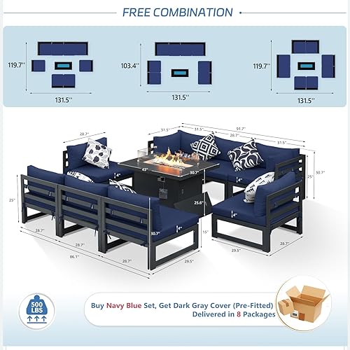 Miniatura 538 de NICESOUL 7 Piece White Powder-Coated Aluminum Patio Furniture with Fire Pit Table, 29 Inch Extra Wide Outdoor Sectional Sofa for 6, High-End Heavy