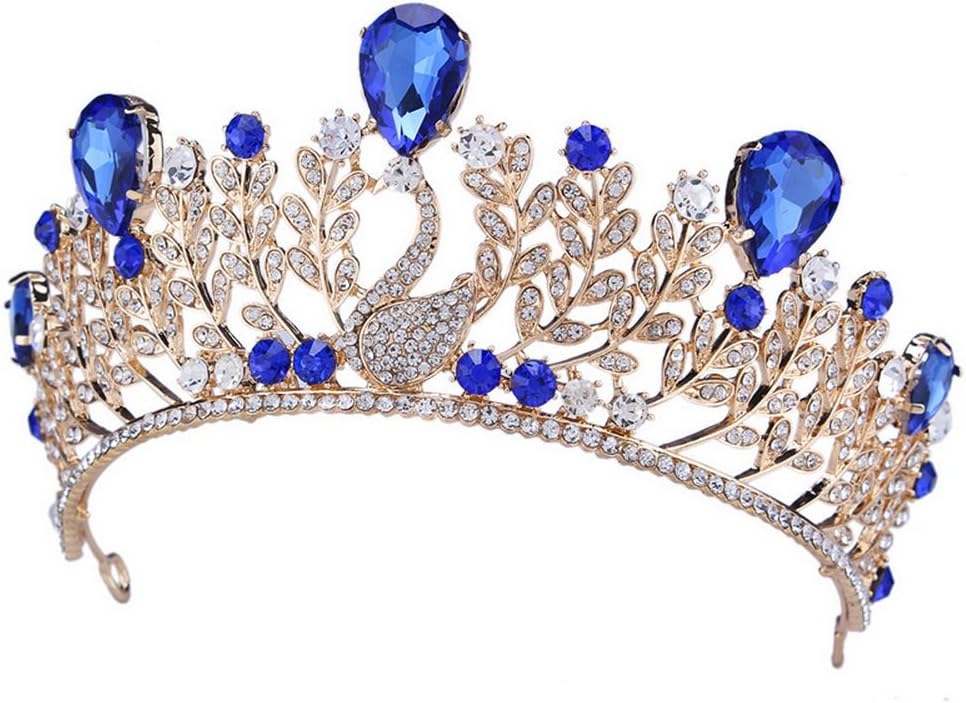 Blue Crystal Tiara Gold Crown Swan Teardrop Leaf Style Wedding Party Rhinestone Headband