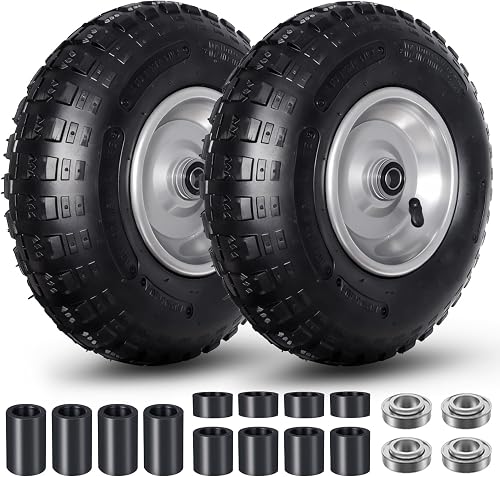 4.00-6 Pneumatic Tire and Wheel, 13 Inch Wheelbarrow Tires 5/8" Bearings or Extra 3/4" Bearings Replacement for Wheel Barrow, Hand Truck, Garden Carts, Includes Adapter Kit (2Pack)