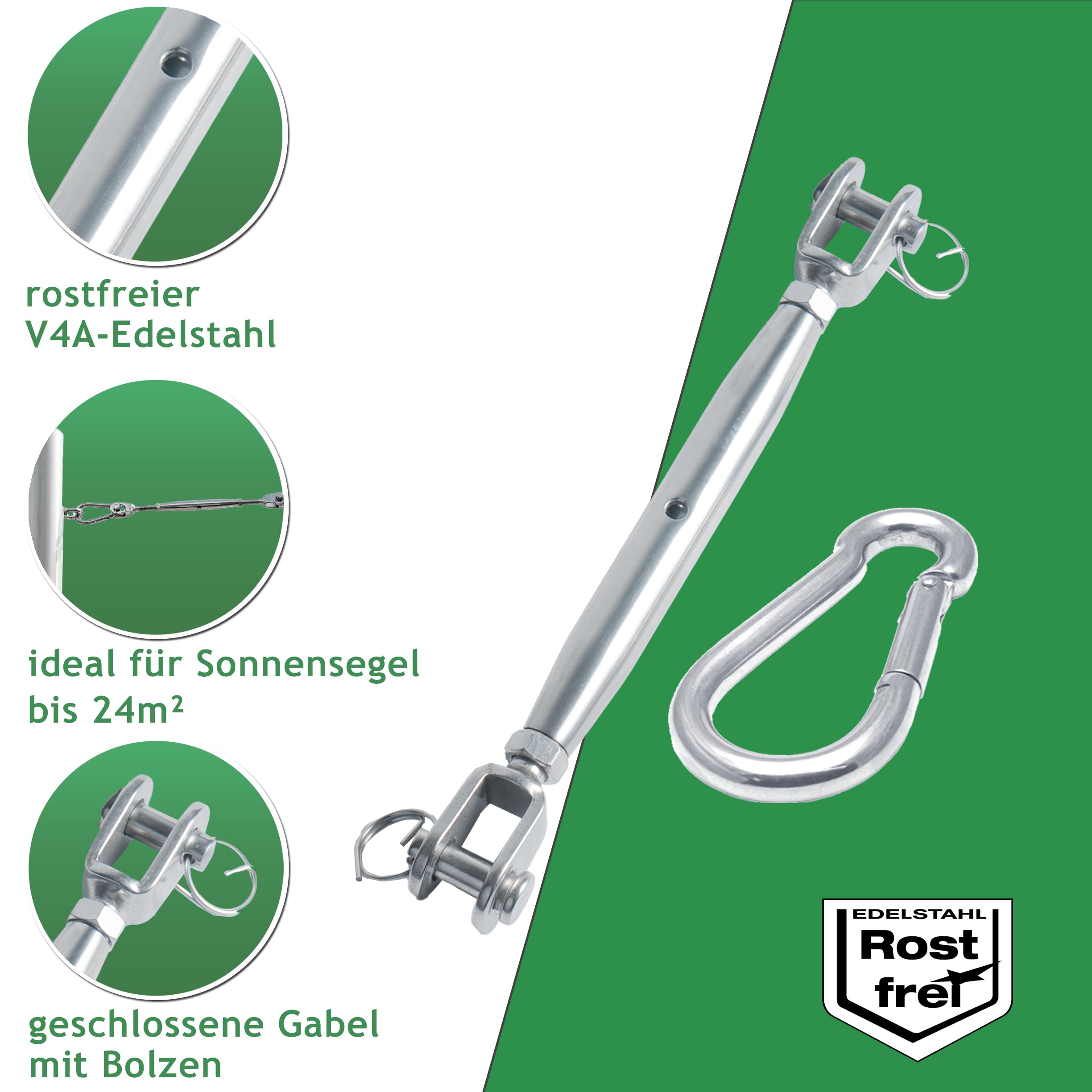 Pina DESIGN seit 1979 - Sonnensegel Befestigungset aus V4A Edelstahl | Set aus M8 Wantenspanner & 80mm Karabiner