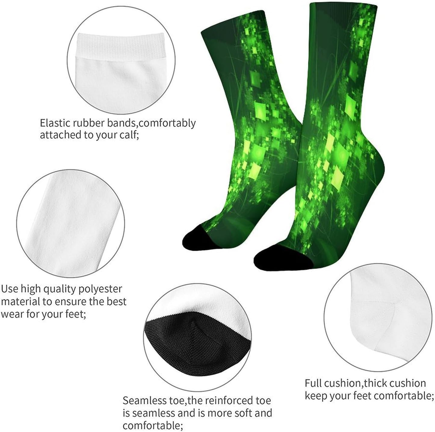 Green Digital Art Crew Sock High Stocking Grippy Socks | Socks for Men & Women,Stockings-Long Thin Tube Sports, Breathable Soft Athletic for Nurses,Travel
