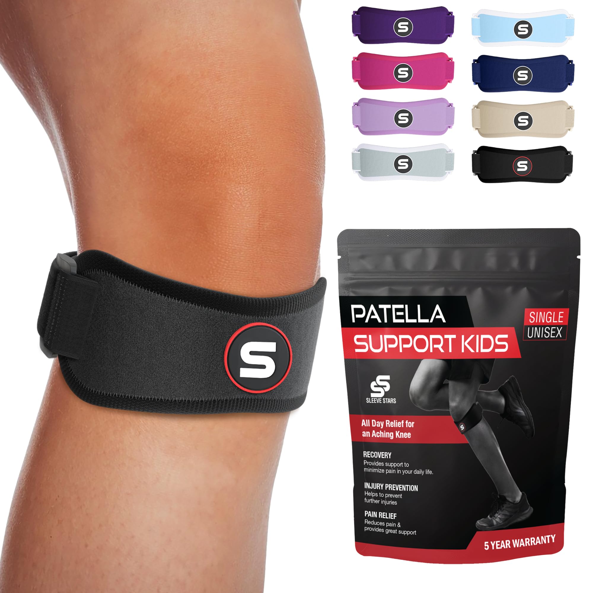 Sleeve Stars Swedish Brand Patellar Tendon Support Strap for Women & Men Effective Osgood Schlatter Knee Brace Youth & Kids Knee Brace with 3 Adjustable Length fits 7"-15" (Single/Black/Kids)
