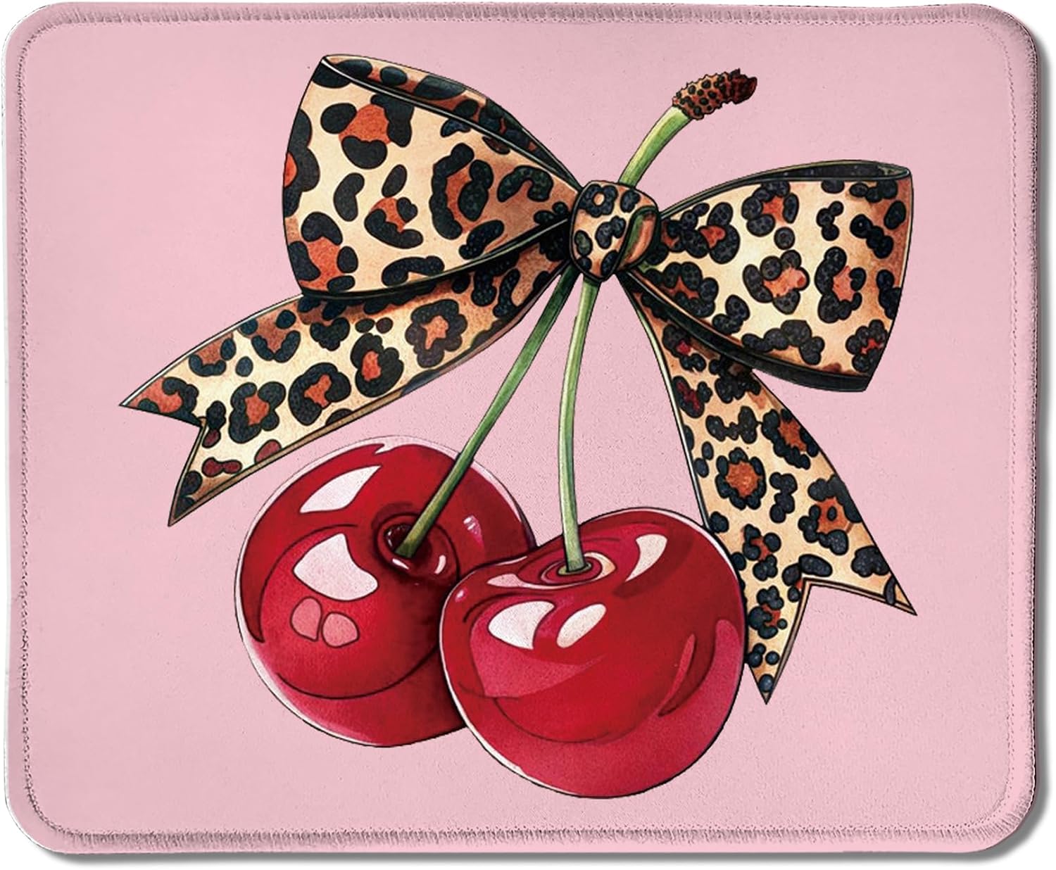 Girly Leopard Bow Cherry Mouse Pad, Trendy Funky Preppy Pink Cherry Bow Aesthetic Mouse Pads Mousepad for Work Gaming Computers Laptop Desk Accessories, 9.5x7.9 Inch