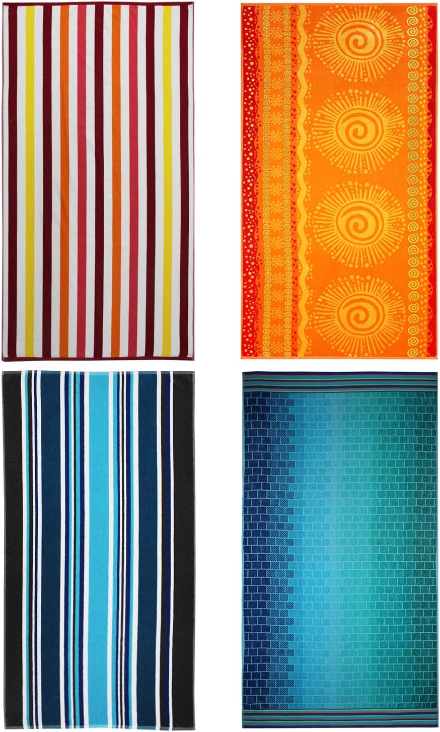 COTTON CRAFT Oversized XL Beach Towel 39 x 68 - 4 Piece Value Pack - 100% Cotton Velour - Big & Huge - Pool Picnic Bath - Double Woven Jacquard Thick Plush Super Soft Luxury - 450 GSM - Malibu Multi