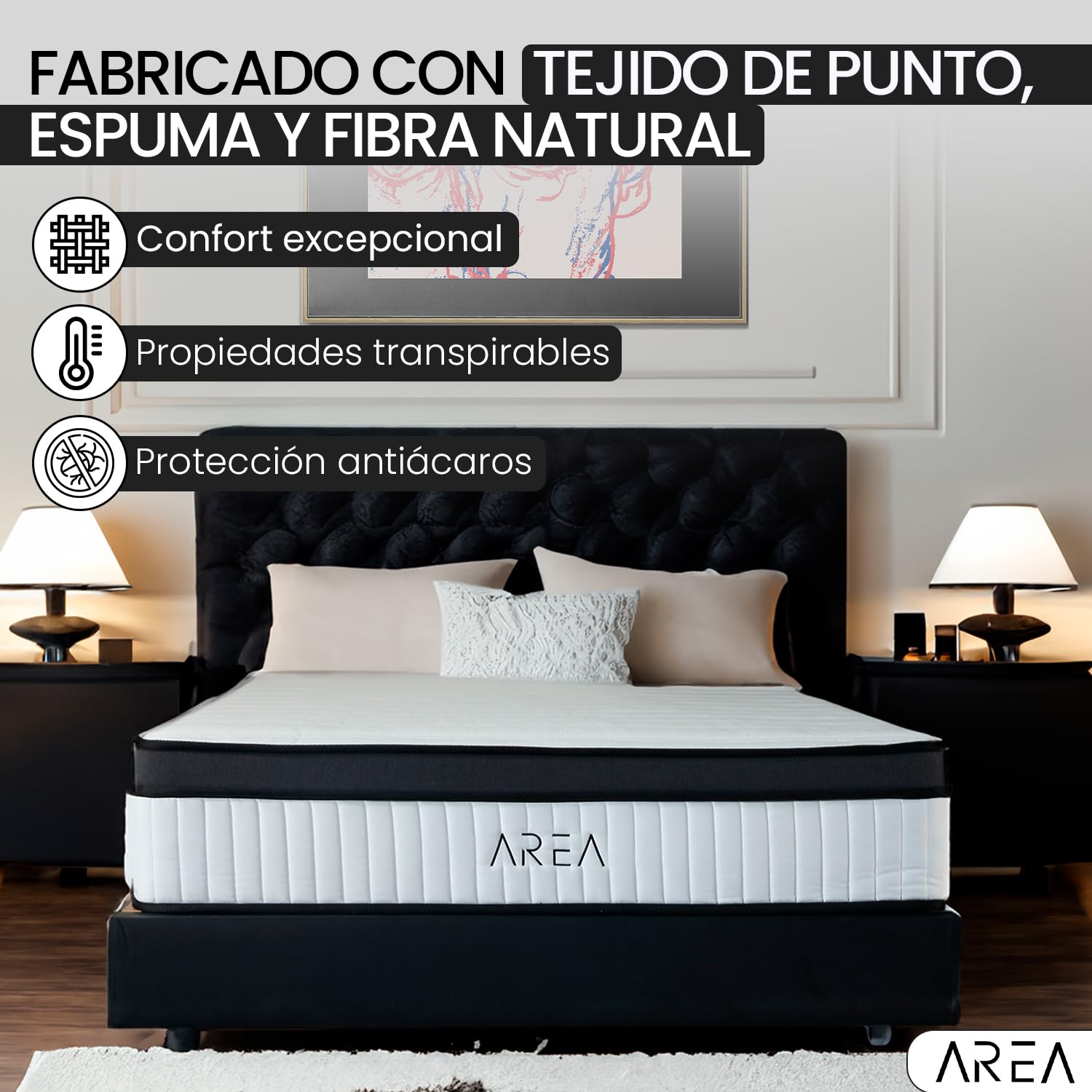 unycos - Area | Colchón Viscoelástico de Última Generación, Medida 200x200 cm, Altura 32 cm - Propiedad Transpirable, Antiácaros, Memory Foam, Núcleo de Muelles Ensacados, Termorregulador (Cloud)