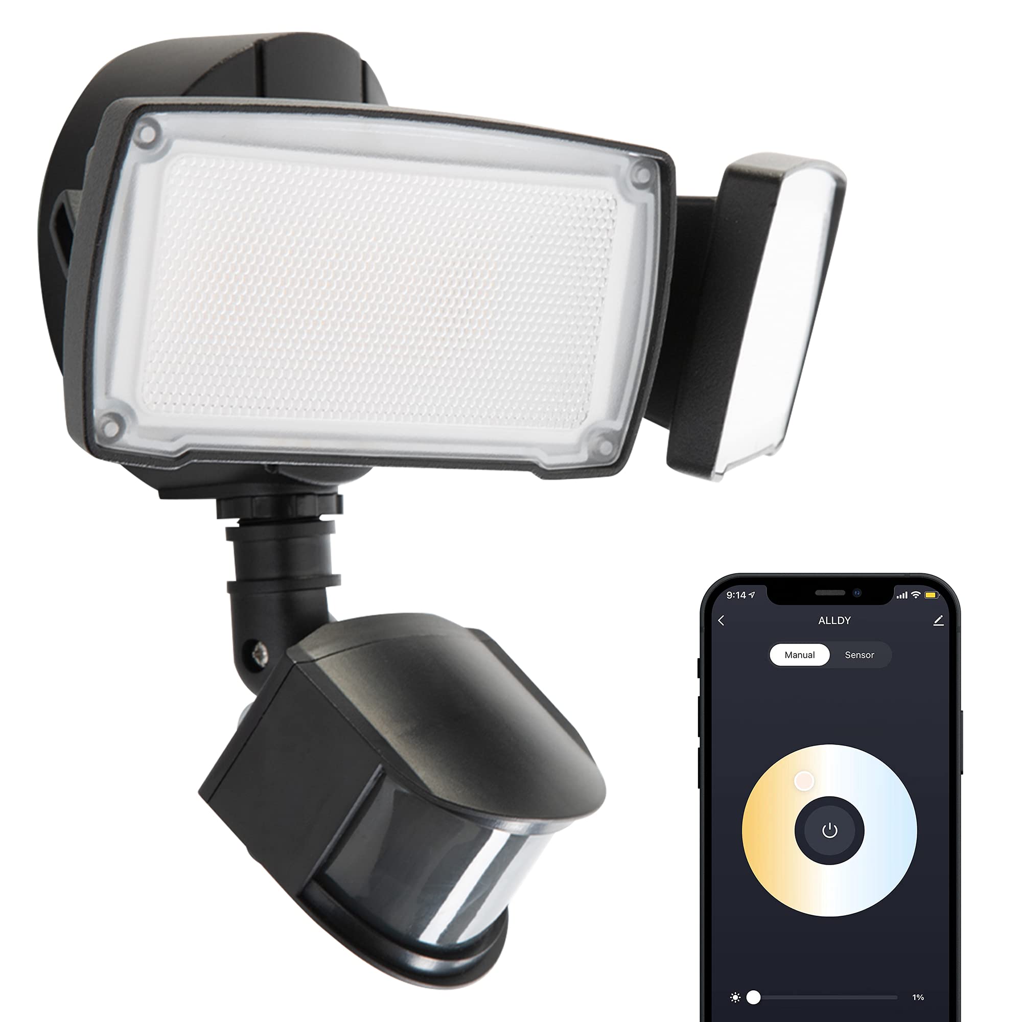 Photo 1 of UME Smart WiFi LED Security Light Motion Sensor Outdoor, Work with Alexa/Google/SmartThings, 3000LM,2700-6500K,Waterproof,Dusk to Dawn Flood Light with APP Control Perfect for Yard,Exterio(Black) Black Aldi