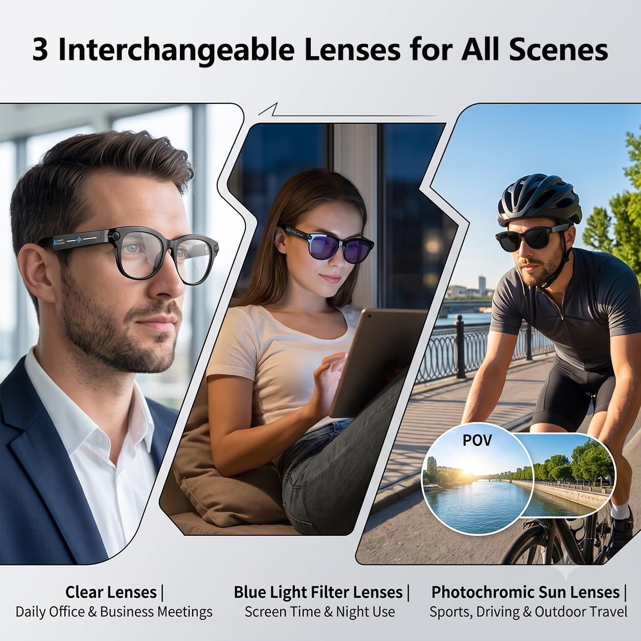 AI Smart Glasses with Camera, POV Vlog, Translator & 3 Lenses