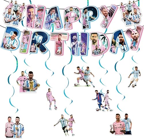 Cartel de suministros de fiesta de cumpleaños de fútbol y 8 espirales colgantes para decoración de cumpleaños de fútbol de fútbol, niños y niñas
