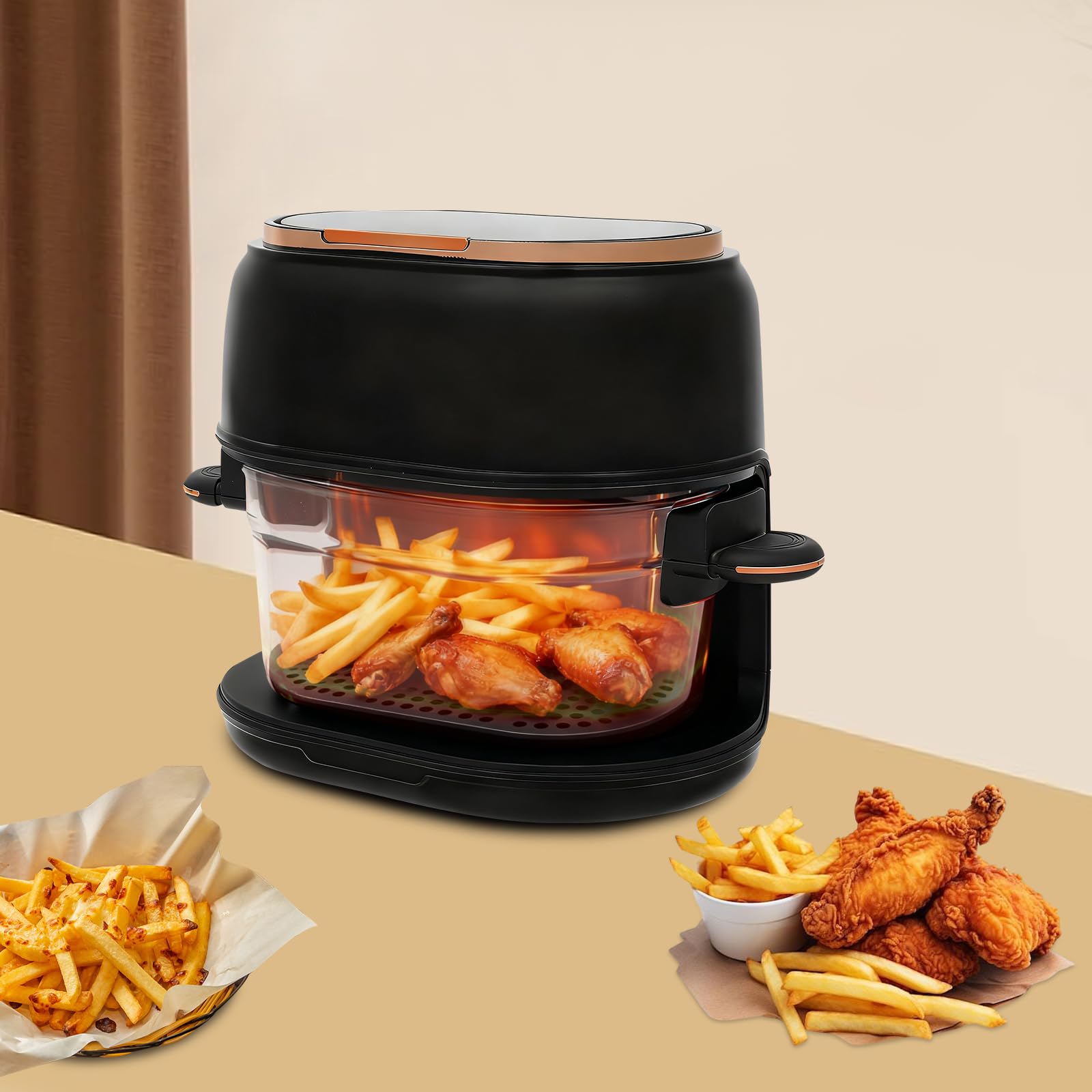 Freidora de aire caliente de 4 litros, con pantalla táctil, freidora de aire caliente con cesta de freír visible, freidora de aire caliente para comidas rápidas, alitas de pollo, pescado, carne (negro